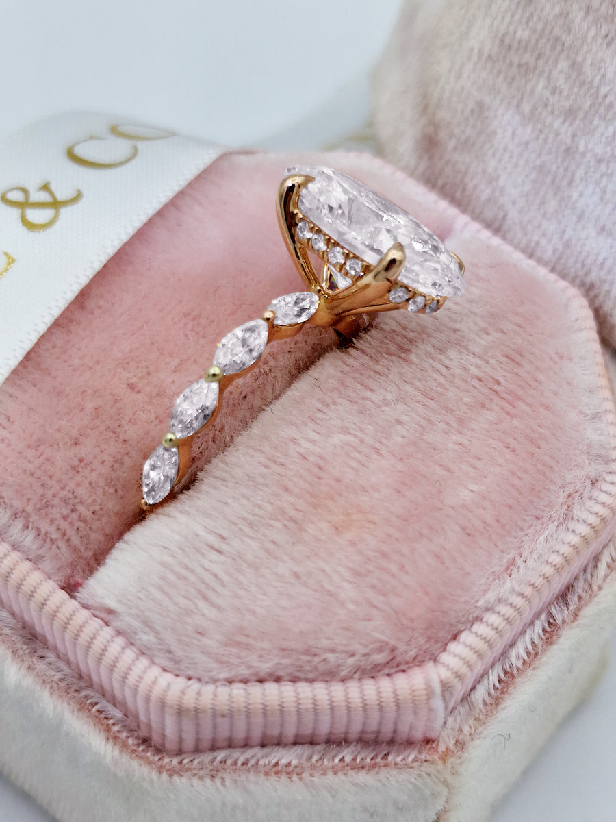 5.71 Carats Lab Grown Oval Shape with Marquise Side Stones Hidden Halo Diamond Engagement Ring 8.5 14K Rose Gold