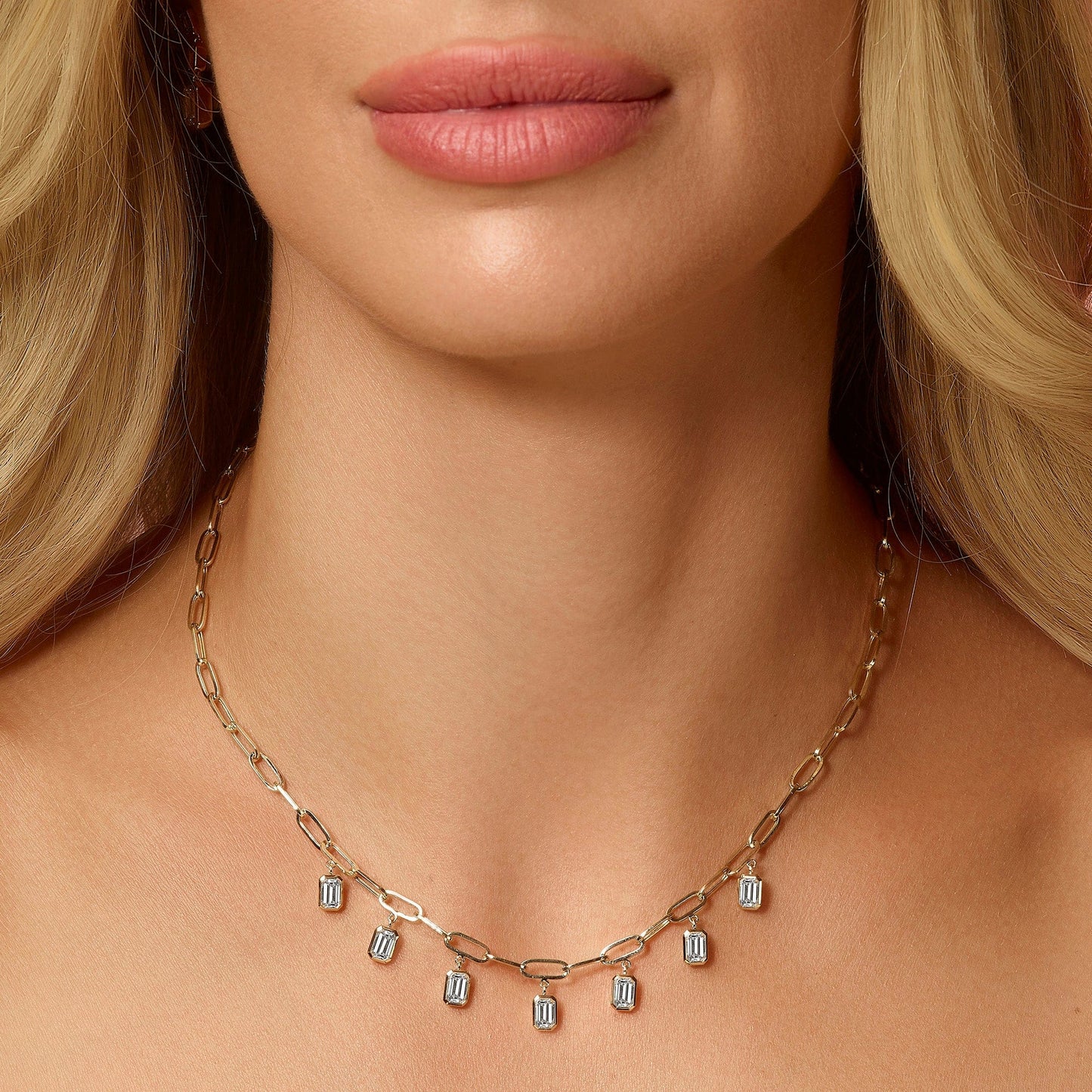 3.50 Carat Emerald Cut Lab Grown Diamond Paper Clip Bezel-Set Necklace