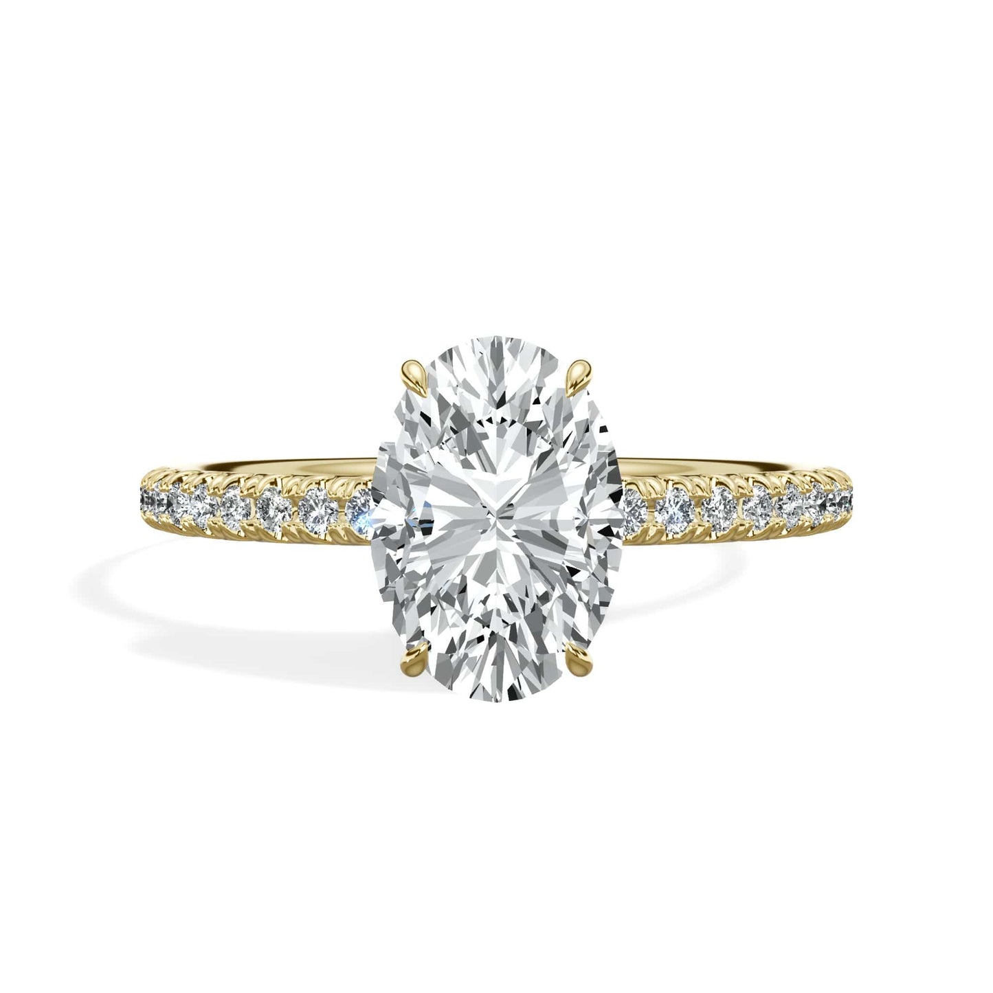 2.00 Carats Lab Grown Oval Cut Micropaved Side Stones Hidden Halo Diamond Engagement Ring Yellow Gold
