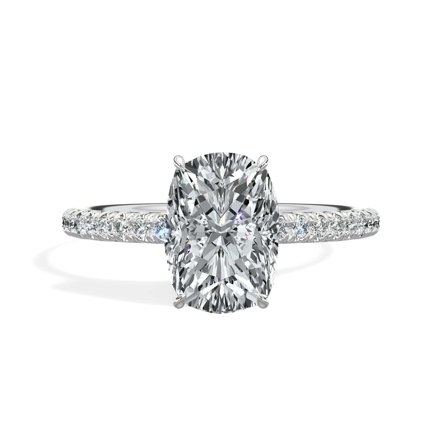2 Carat Lab Grown Elongated Cushion Cut Micropaved Side Stones Hidden Halo Diamond Engagement Ring