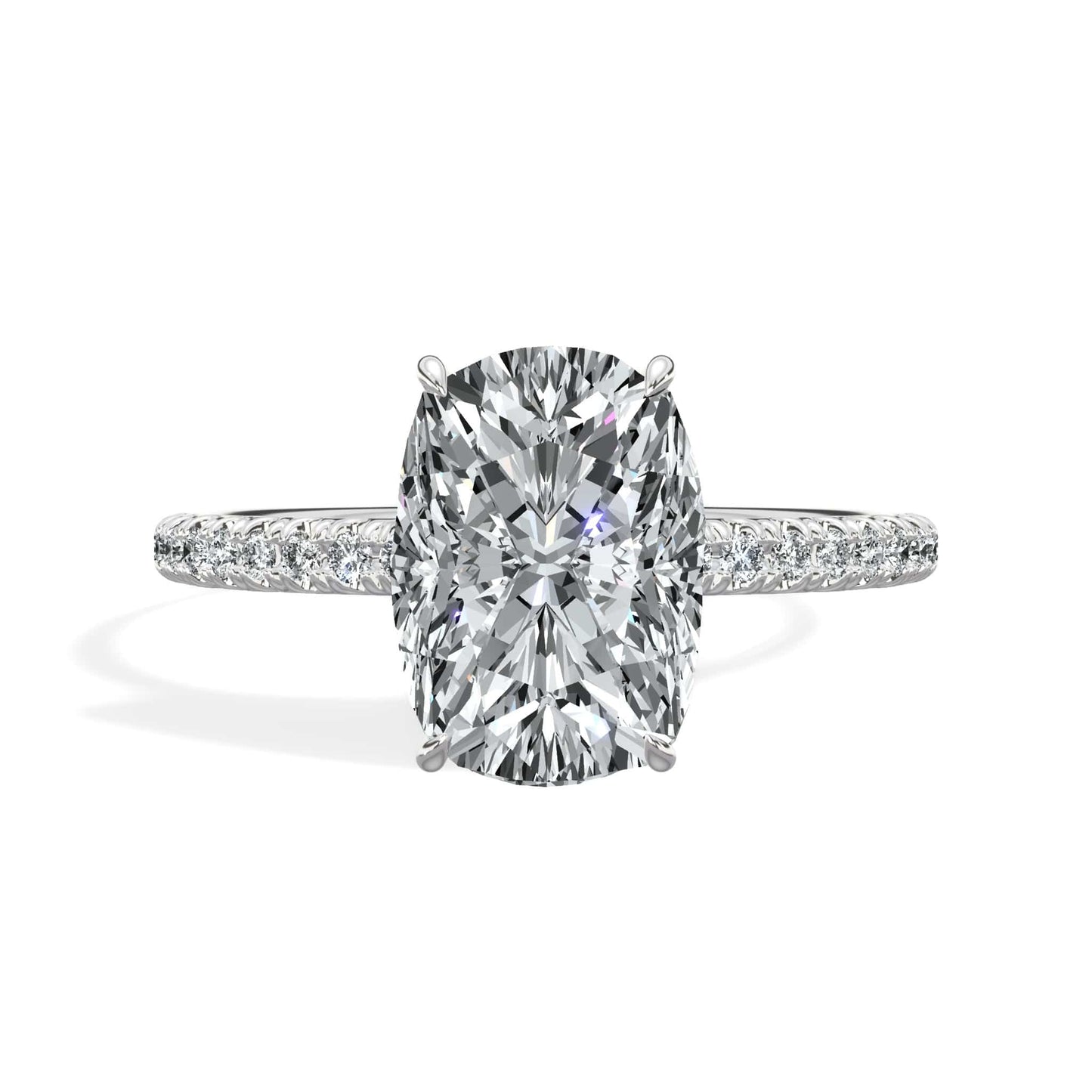 2.50 Carats Lab Grown Elongated Cushion Cut Micropaved Side Stones Hidden Halo Diamond Engagement Ring