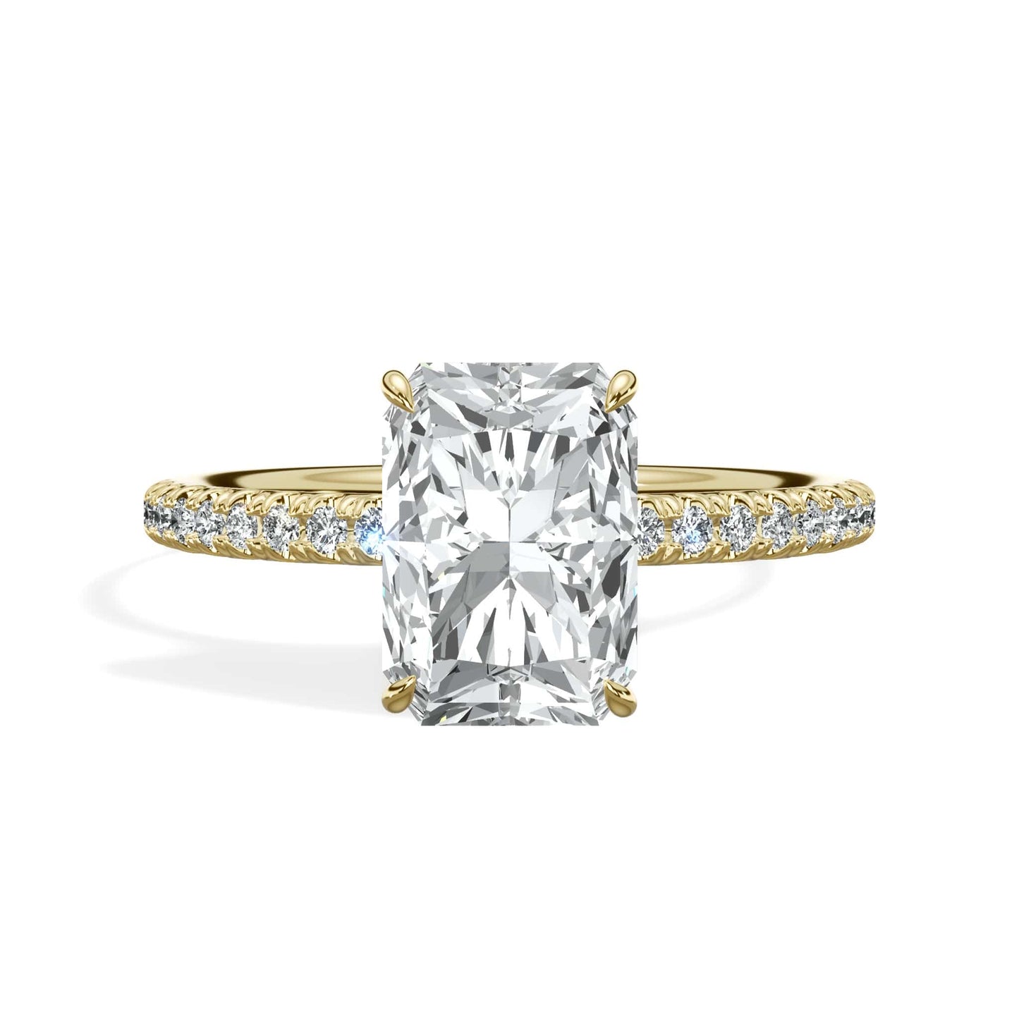 2.50 Carats Lab Grown Radiant Cut Side Stones Hidden Halo Diamond Engagement Ring Yellow Gold