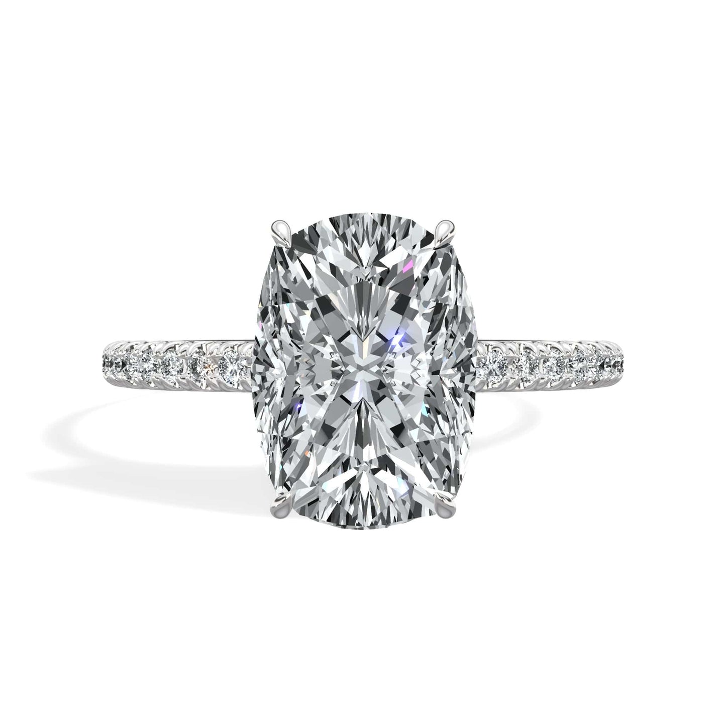 3 Carats Lab Grown Elongated Cushion Cut Micropaved Side Stones Hidden Halo Diamond Engagement Ring