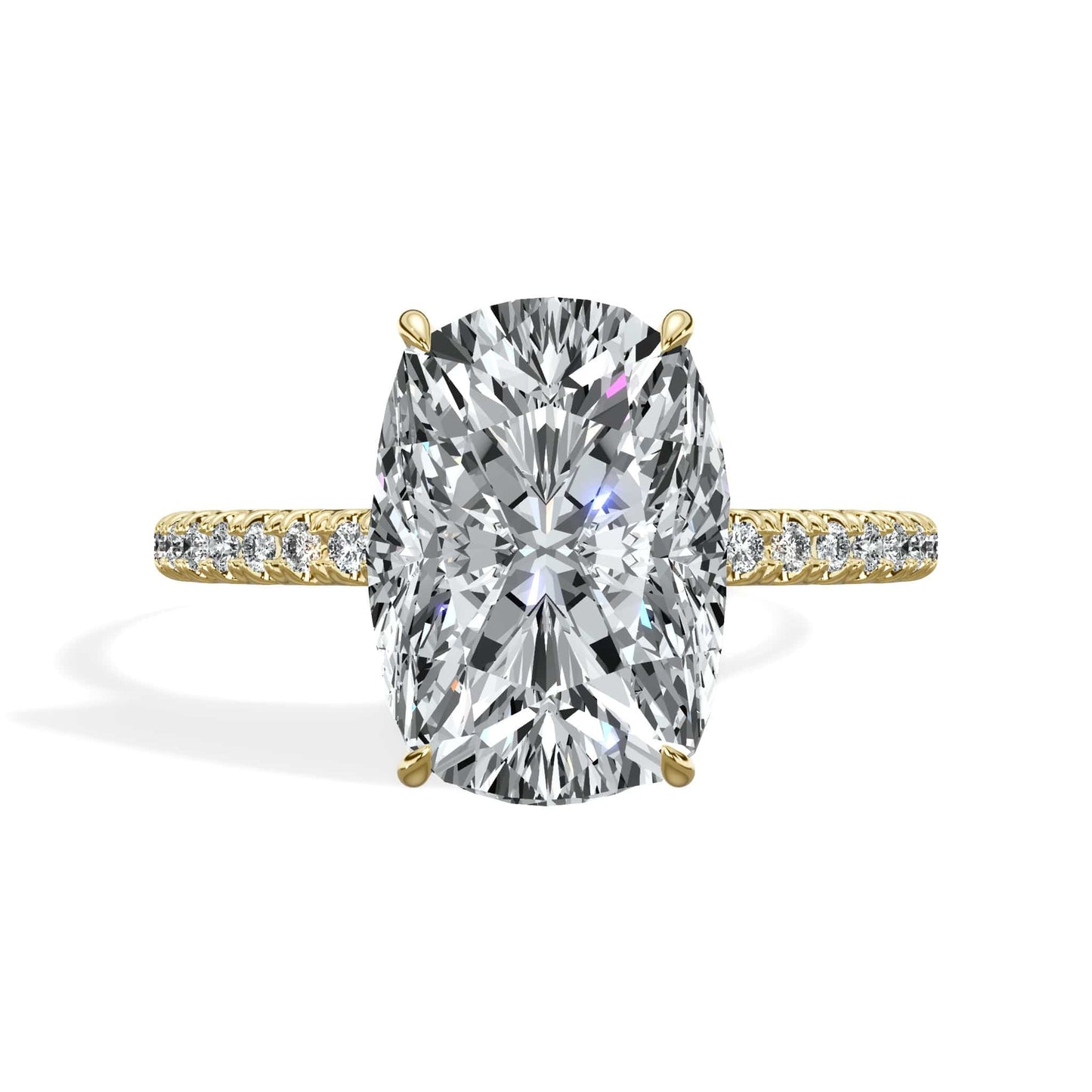 3 Carat Lab Grown Elongated Cushion Cut Micropaved Side Stones Hidden Halo Diamond Engagement Ring Yellow Gold