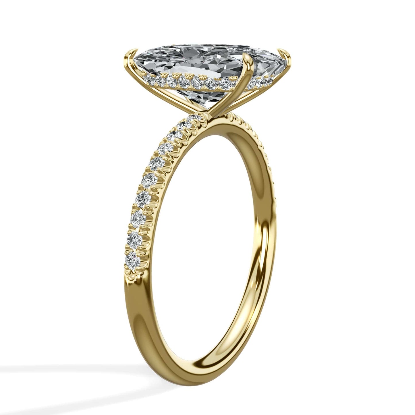 3 Carat Lab Grown Elongated Cushion Cut Micropaved Side Stones Hidden Halo Diamond Engagement Ring Yellow Gold