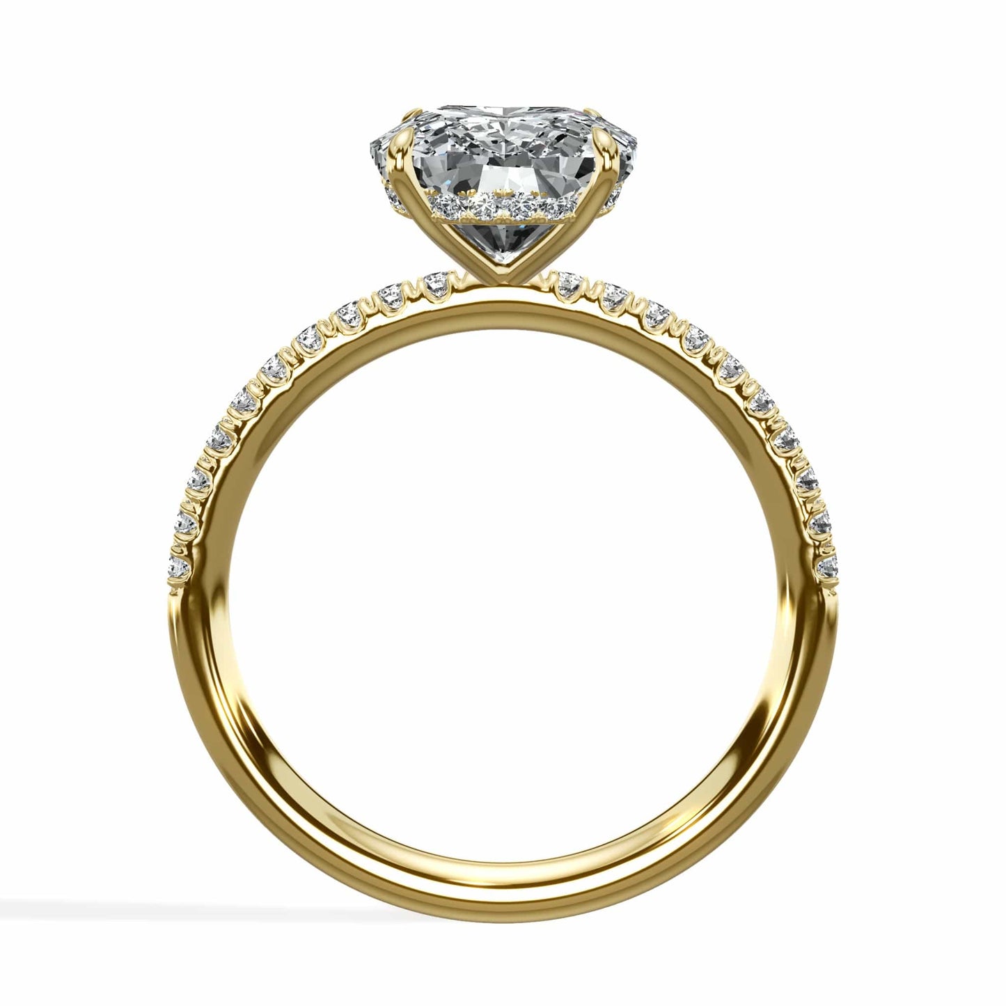 3 Carat Lab Grown Elongated Cushion Cut Micropaved Side Stones Hidden Halo Diamond Engagement Ring Yellow Gold