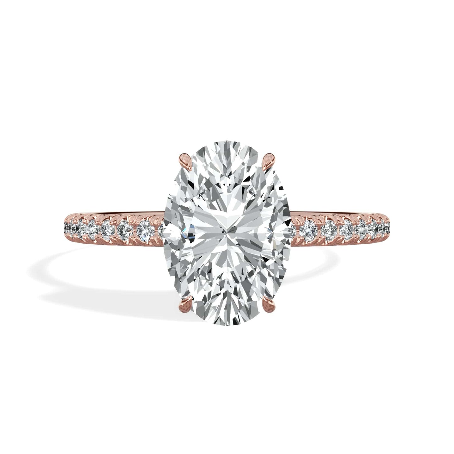 2.50 Carats Lab Grown Oval Cut Micropaved Side Stones Hidden Halo Diamond Engagement Ring Rose Gold