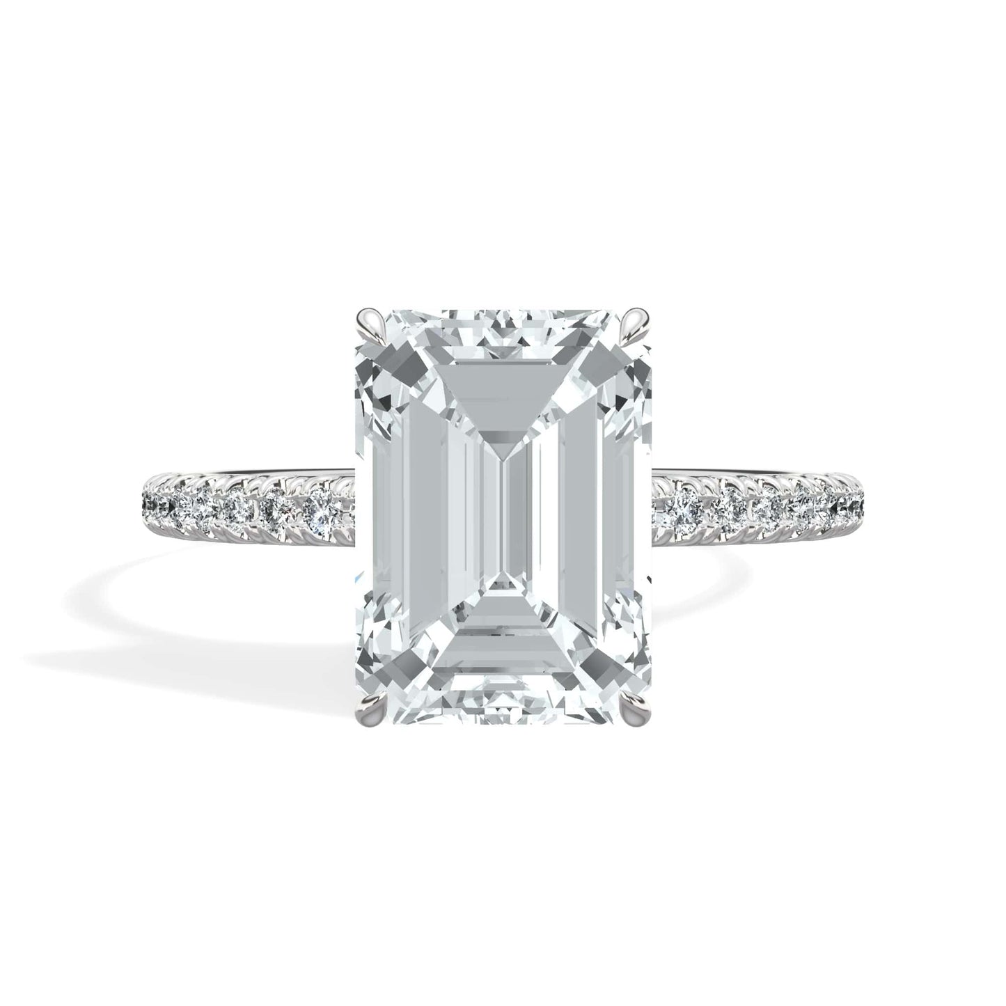 3.50 Carats Lab Grown Emerald Cut Micropaved Side Stones Hidden Halo Diamond Engagement Ring