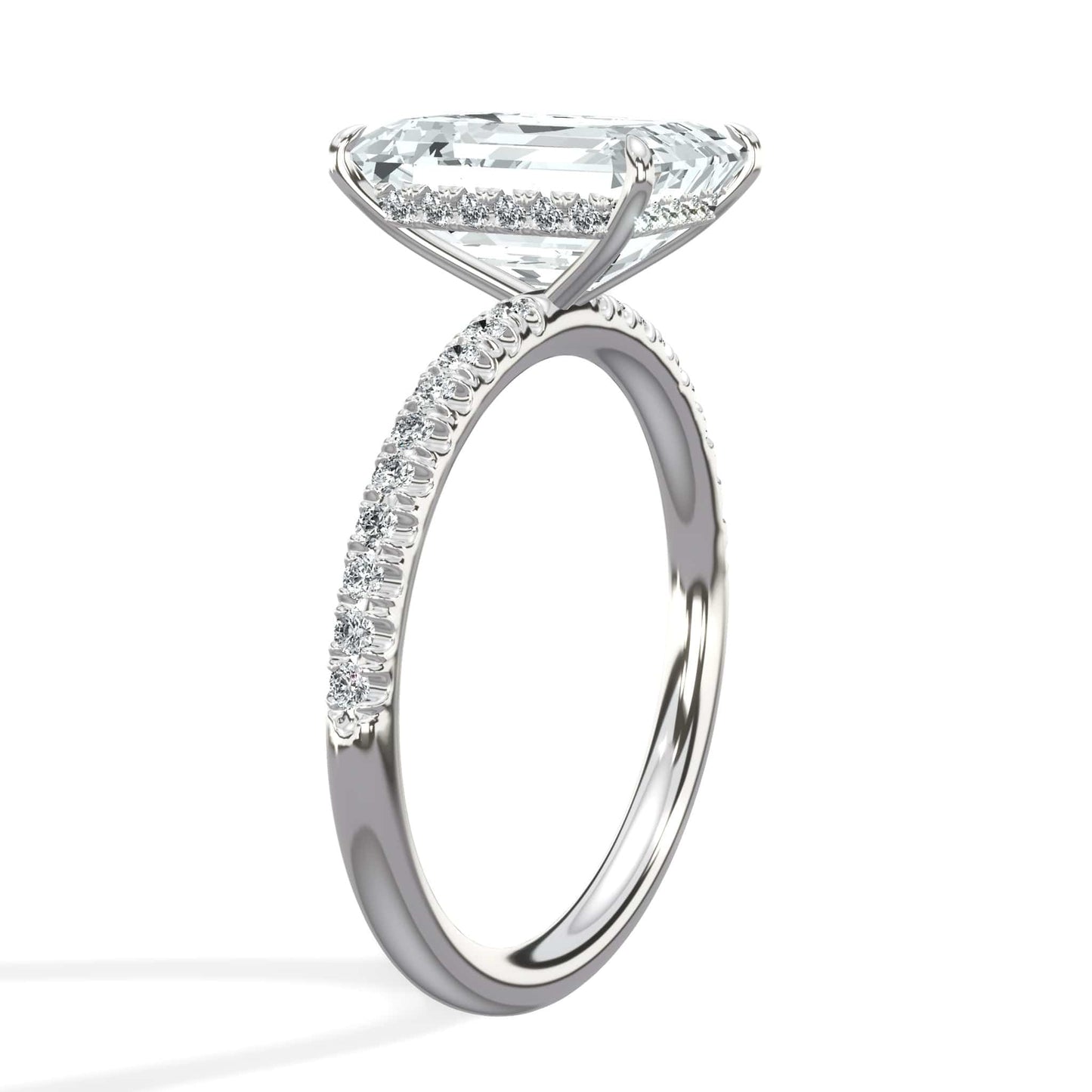 3.50 Carats Lab Grown Emerald Cut Micropaved Side Stones Hidden Halo Diamond Engagement Ring