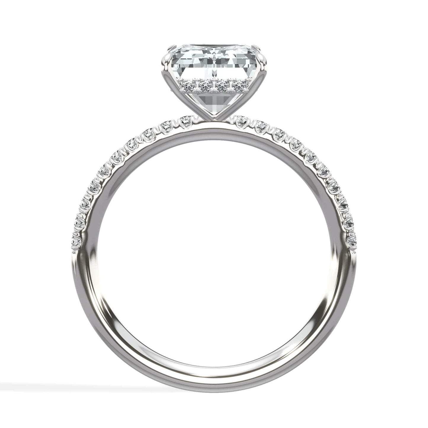 3.50 Carats Lab Grown Emerald Cut Micropaved Side Stones Hidden Halo Diamond Engagement Ring
