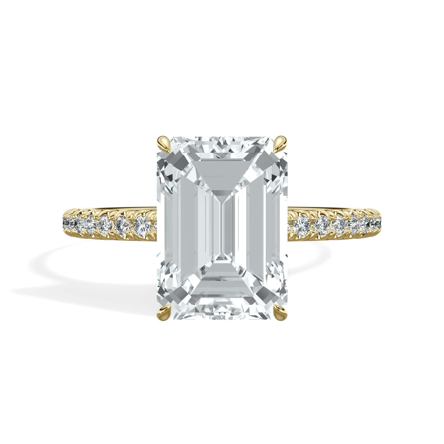 3.50 Carats Lab Grown Emerald Cut Micropaved Side Stones Hidden Halo Diamond Engagement Ring