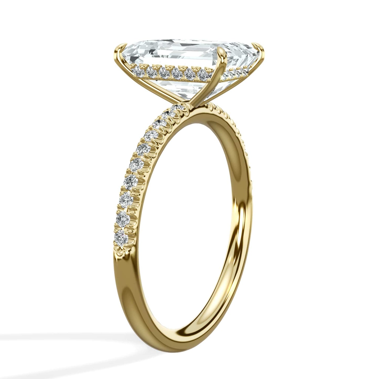 3.50 Carats Lab Grown Emerald Cut Micropaved Side Stones Hidden Halo Diamond Engagement Ring