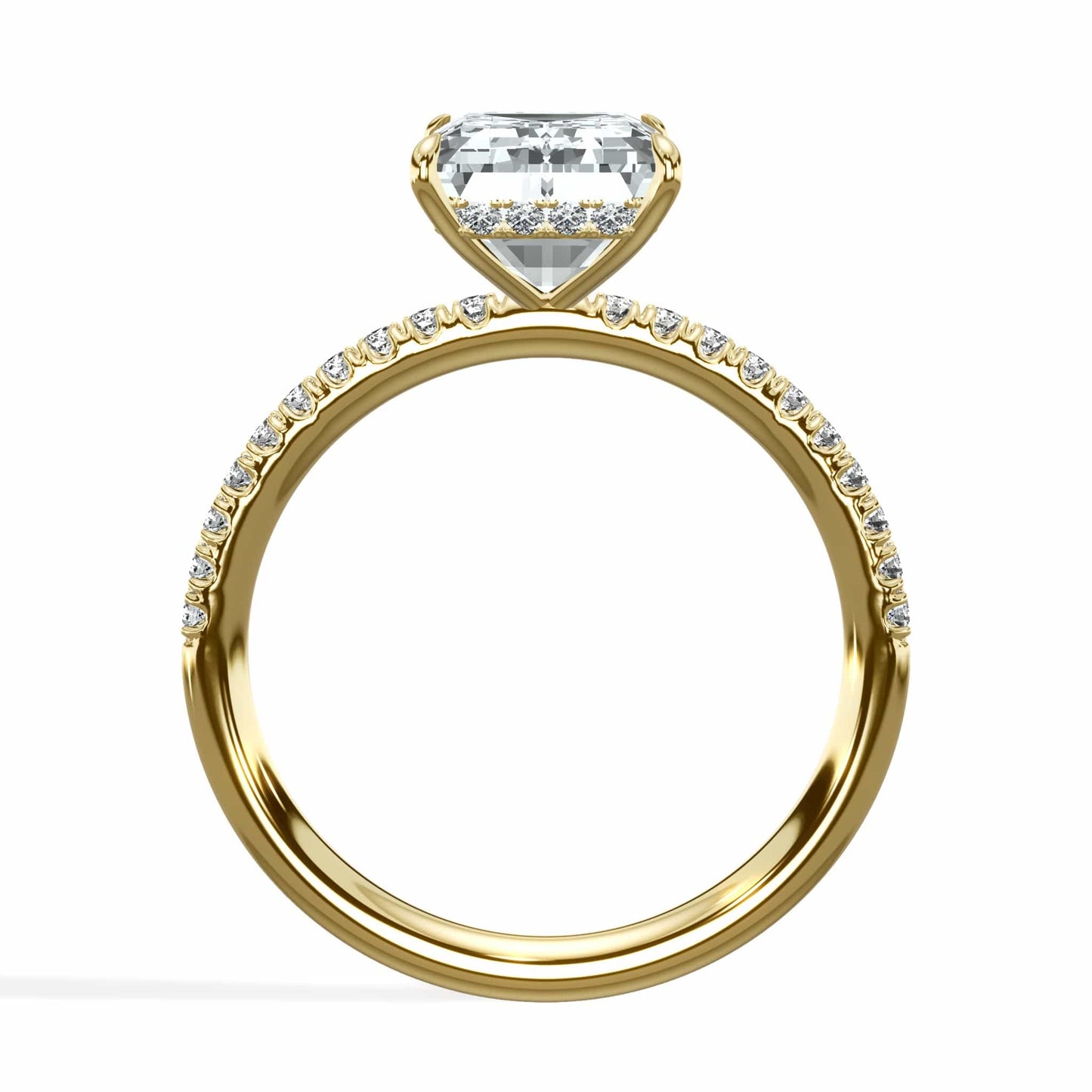 3.50 Carats Lab Grown Emerald Cut Micropaved Side Stones Hidden Halo Diamond Engagement Ring