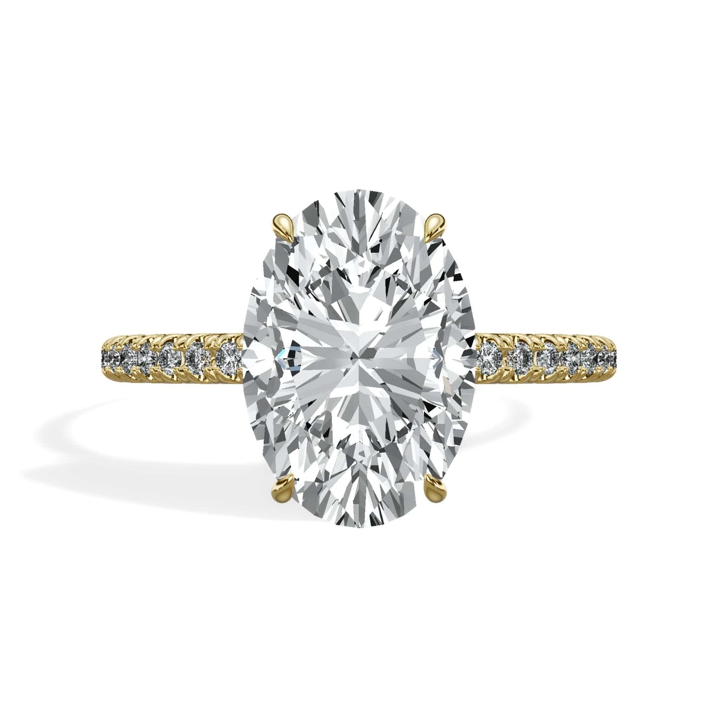 3.50 Carats Lab Grown Oval Cut Micropaved Side Stones Hidden Halo Diamond Engagement Ring Yellow Gold