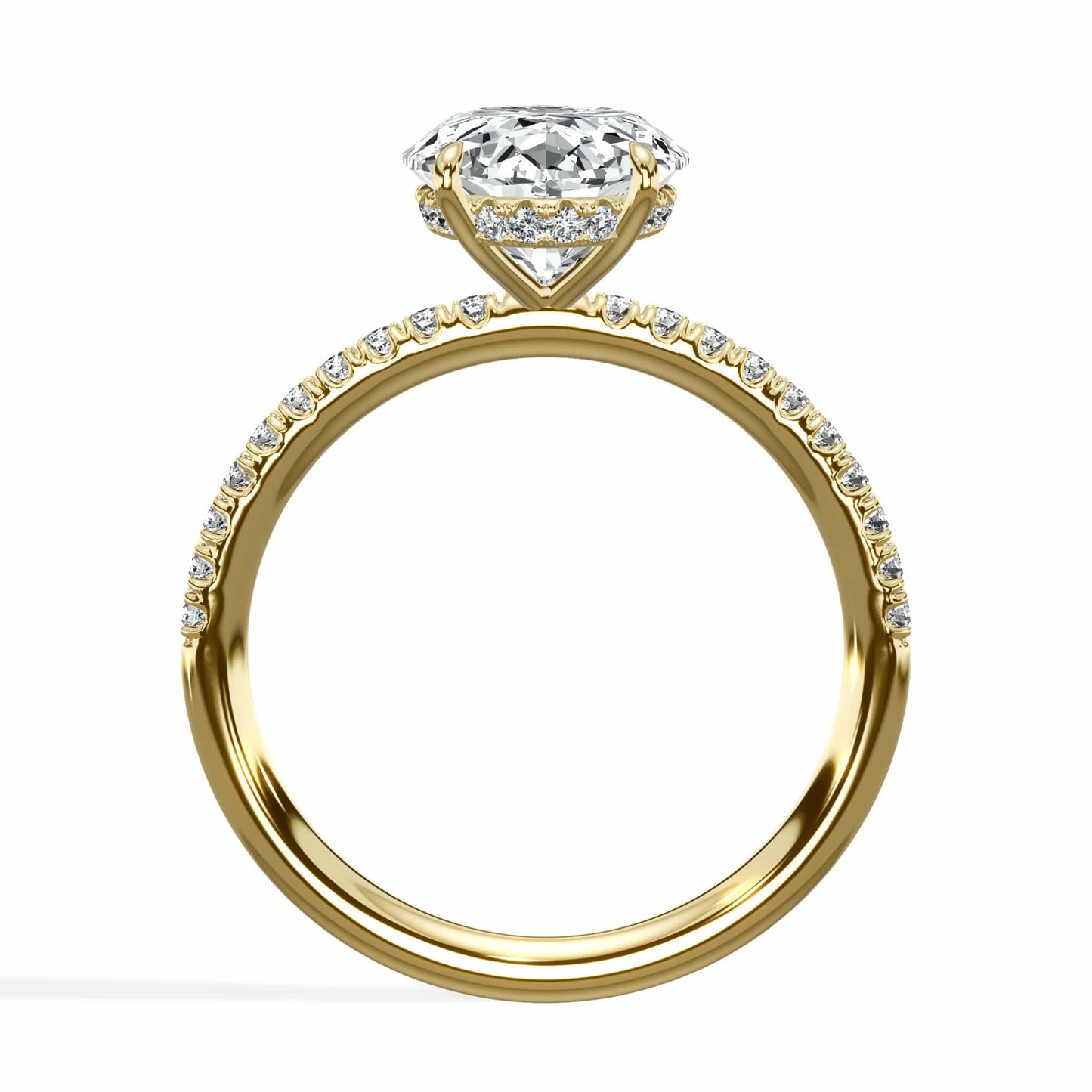 3.50 Carats Lab Grown Oval Cut Micropaved Side Stones Hidden Halo Diamond Engagement Ring Yellow Gold