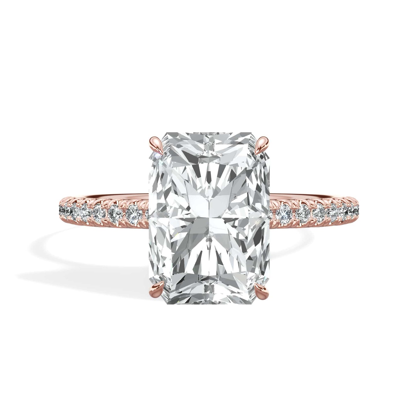 3.50 Carats Lab Grown Radiant Cut Micropaved Side Stones Hidden Halo Diamond Engagement Ring Rose Gold