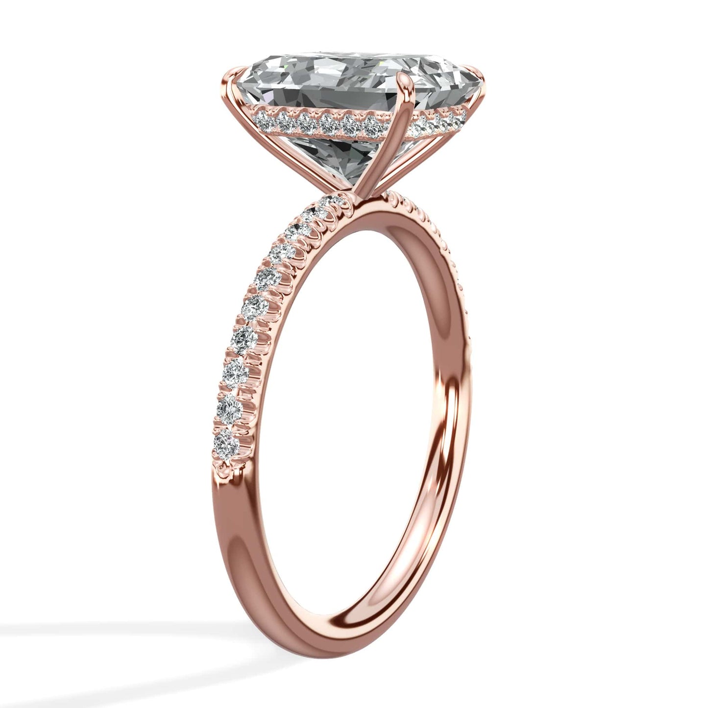 3.50 Carats Lab Grown Radiant Cut Micropaved Side Stones Hidden Halo Diamond Engagement Ring Rose Gold