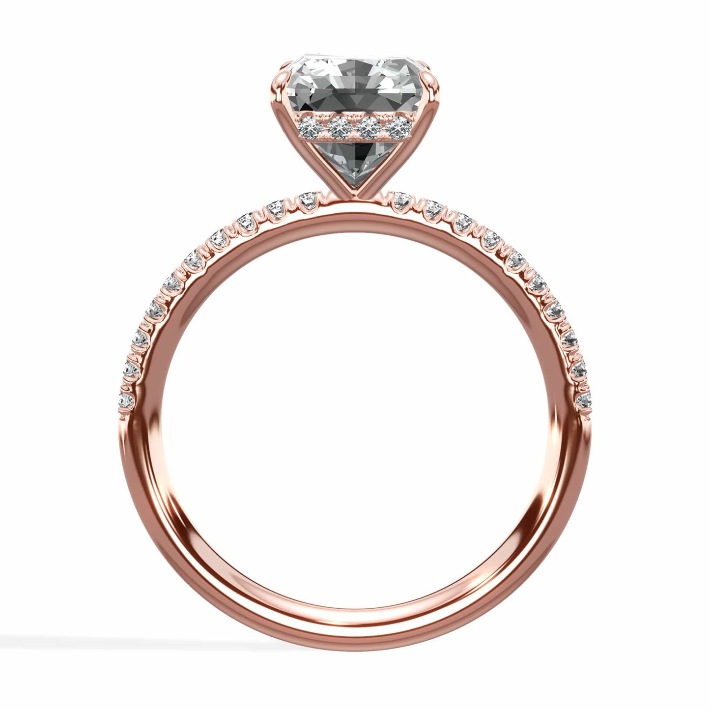 3.50 Carats Lab Grown Radiant Cut Micropaved Side Stones Hidden Halo Diamond Engagement Ring Rose Gold