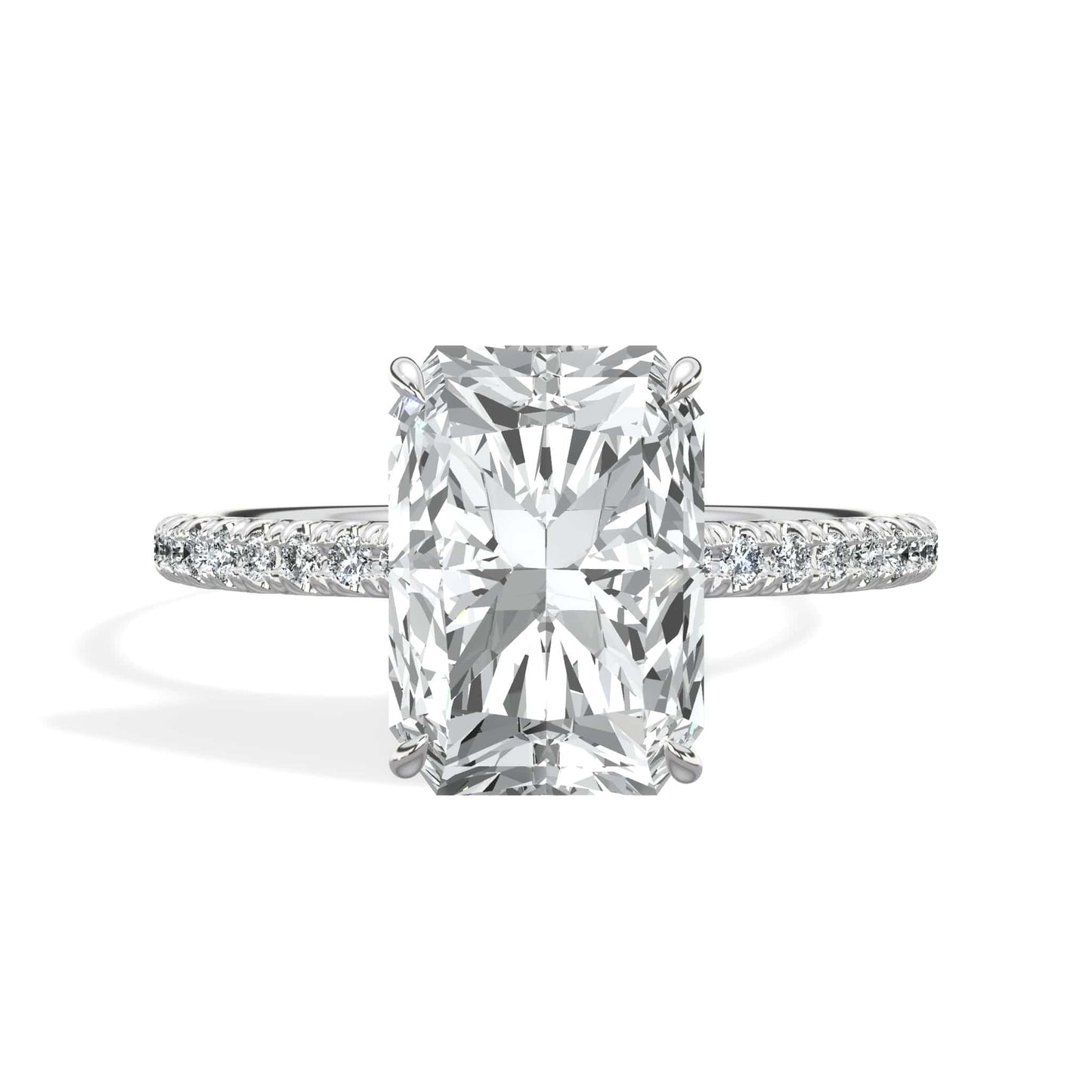3.50 Carats Lab Grown Radiant Cut Micropaved Side Stones Hidden Halo Diamond Engagement Ring