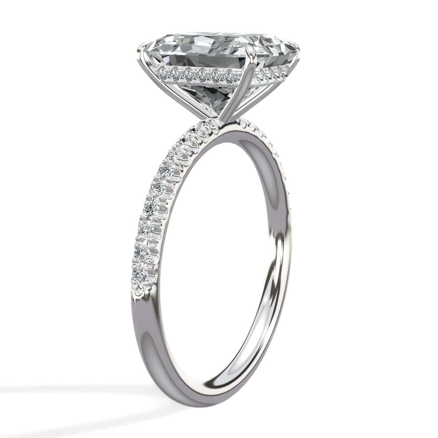 3.50 Carats Lab Grown Radiant Cut Micropaved Side Stones Hidden Halo Diamond Engagement Ring