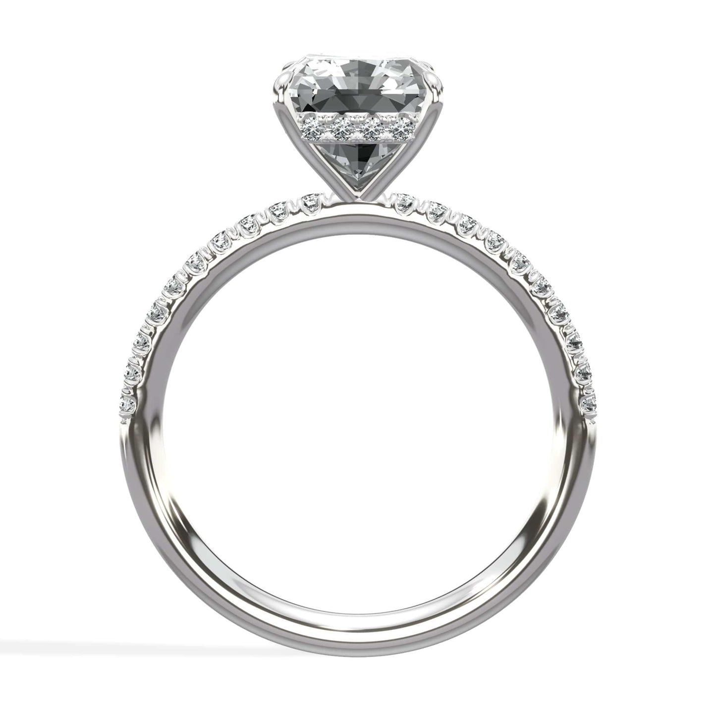 3.50 Carats Lab Grown Radiant Cut Micropaved Side Stones Hidden Halo Diamond Engagement Ring