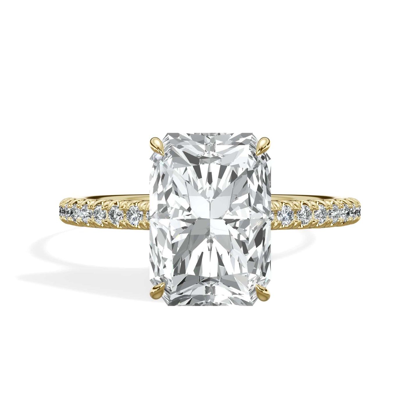 3.50 Carats Lab Grown Radiant Cut Micropaved Side Stones Hidden Halo Diamond Engagement Ring