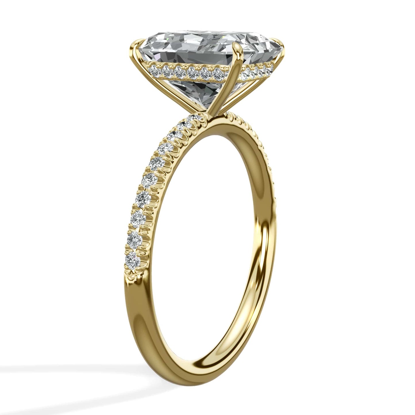 3.50 Carats Lab Grown Radiant Cut Micropaved Side Stones Hidden Halo Diamond Engagement Ring