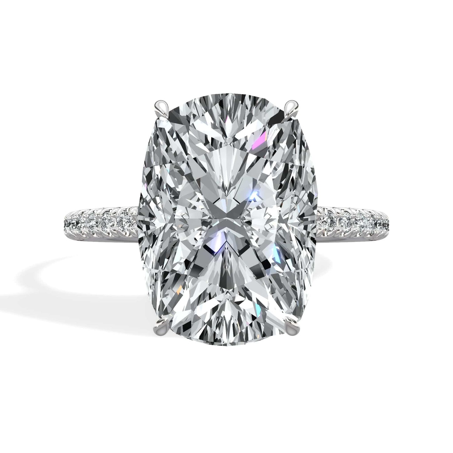 5.50 Carats Lab Grown Elongated Cushion Cut Micropaved Side Stones Hidden Halo Diamond Engagement Ring