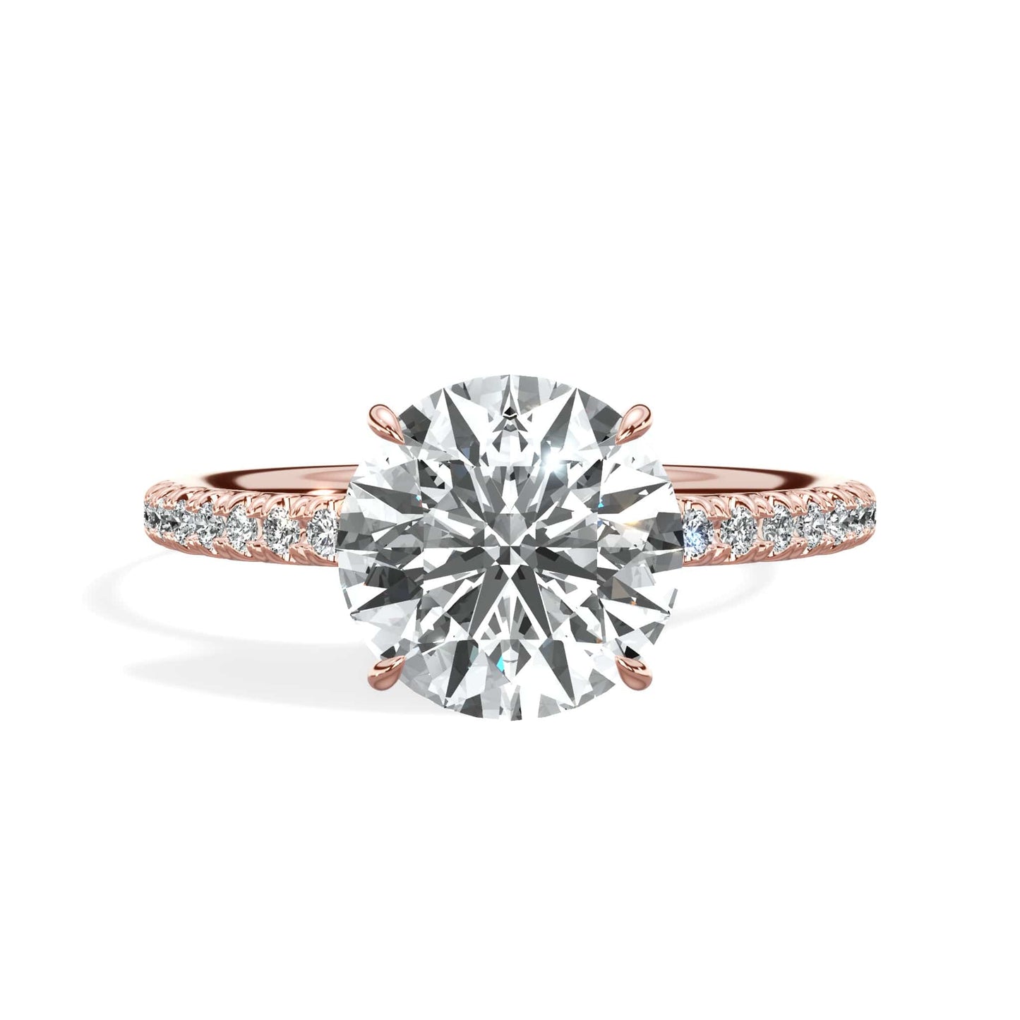 2.50 Carats Lab Grown Round Brilliant Cut Micropave Side Stones Hidden Halo Diamond Engagement Ring Rose Gold