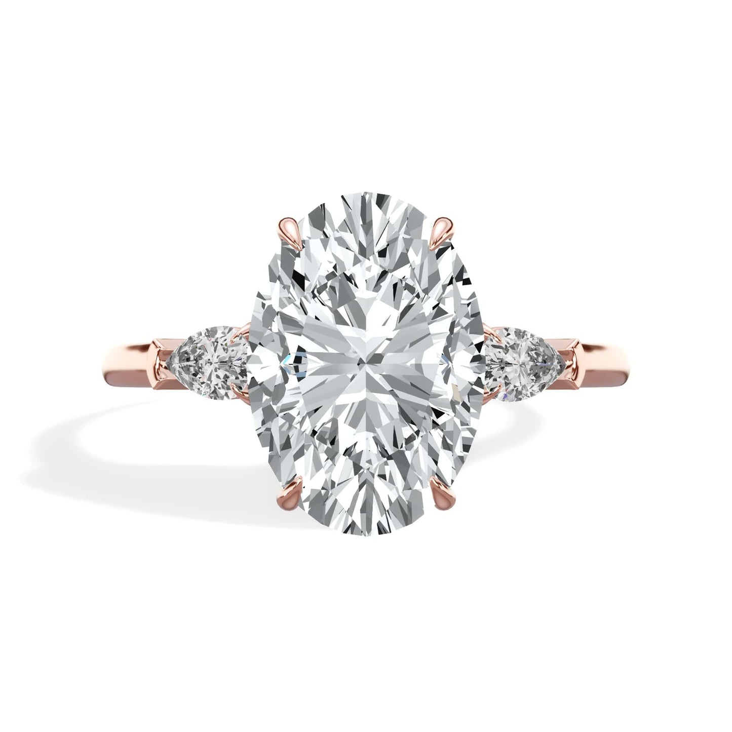 3.38 Carat Lab Grown Oval Cut with Pear Shaped Side Stones Diamond Engagement Ring in Rose Gold