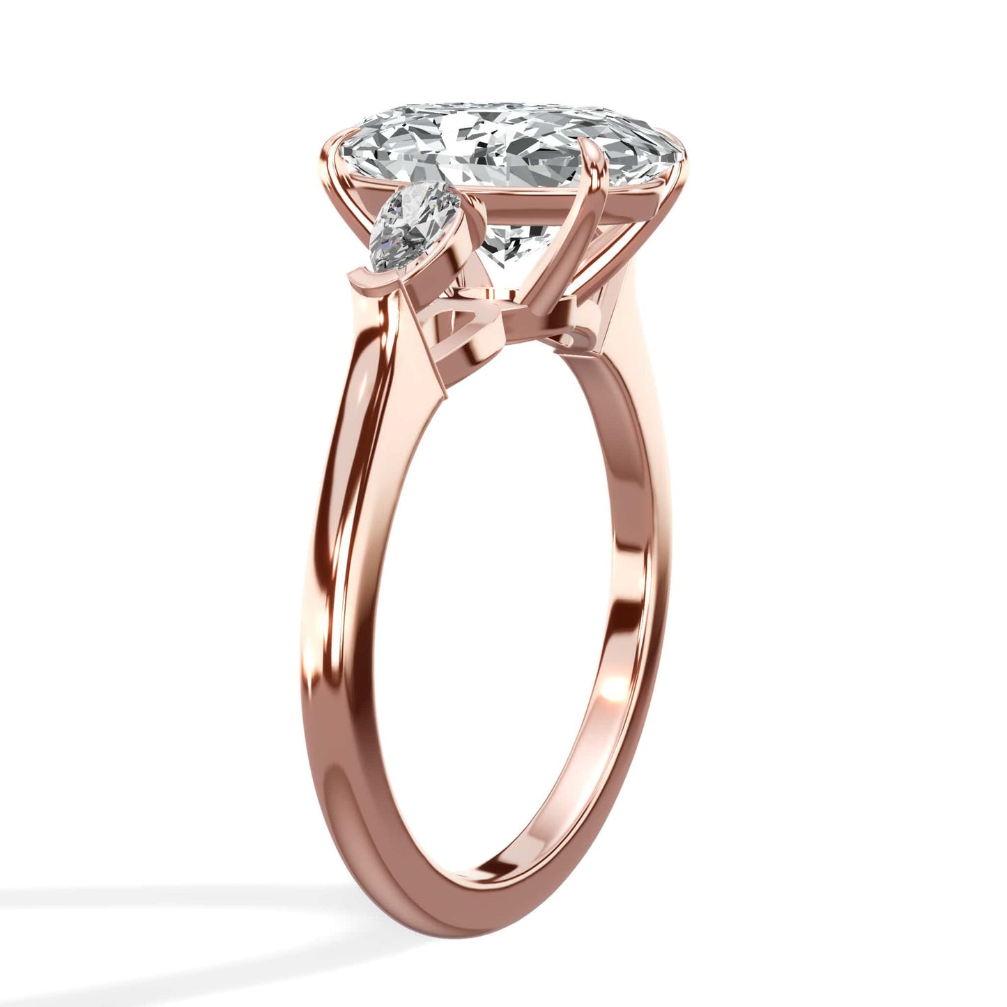3.38 Carat Lab Grown Oval Cut with Pear Shaped Side Stones Diamond Engagement Ring in Rose Gold