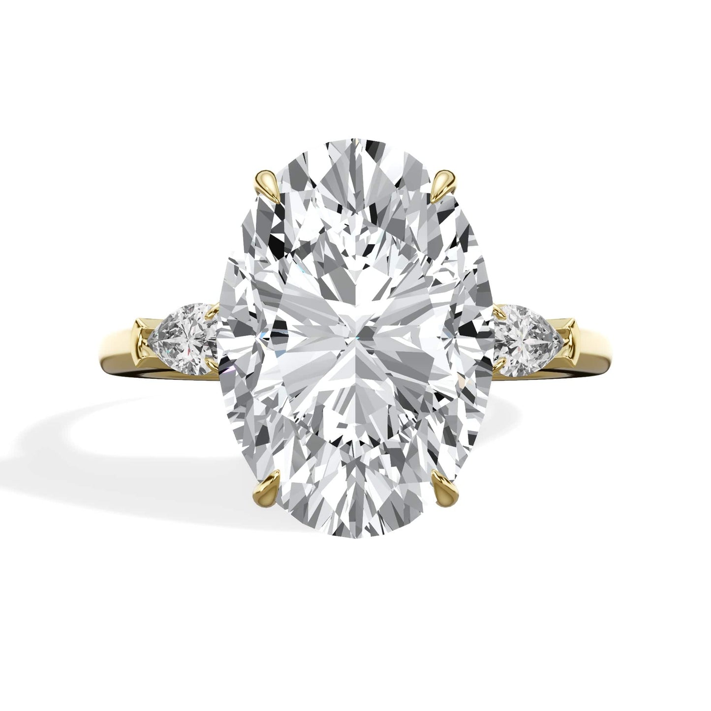5.36 Carats Lab Grown Oval Cut with Pear Shape Side Stones Diamond Engagement Ring in Yellow Gold