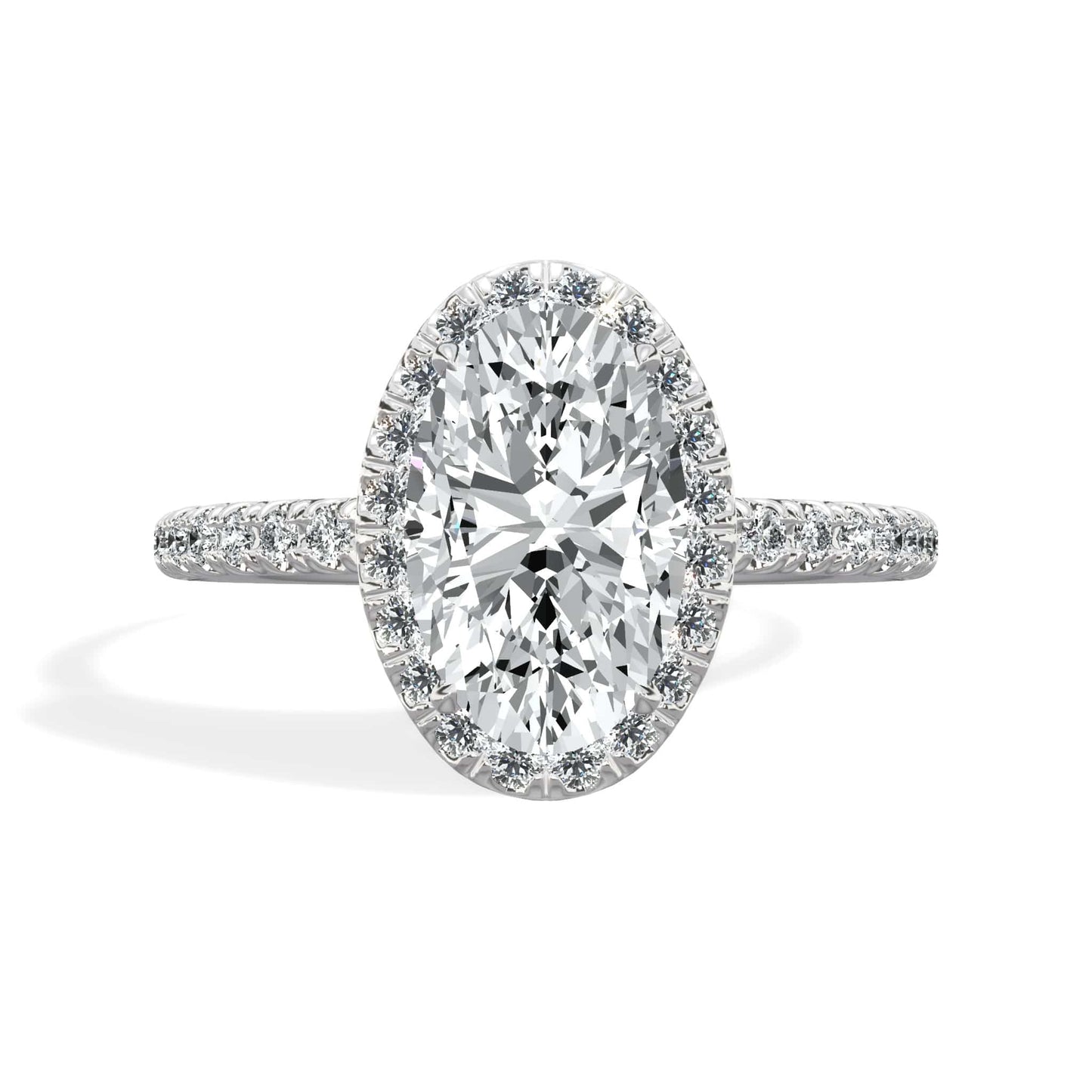 2 Carats Lab Grown Oval Cut Micropave Halo Side Stones Diamond Engagement Ring