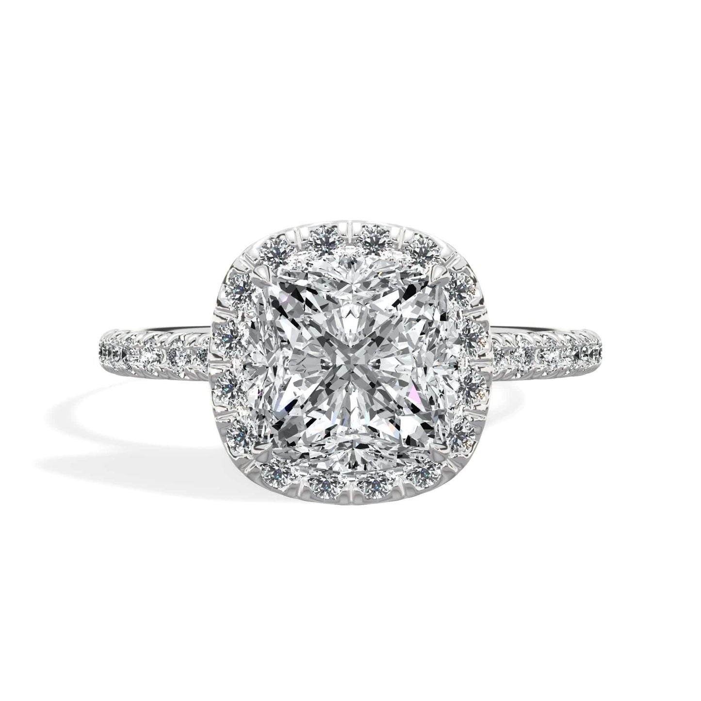 2.68 Carats Lab Grown Cushion Cut Micropaved Halo Side Stones Diamond Engagement Ring