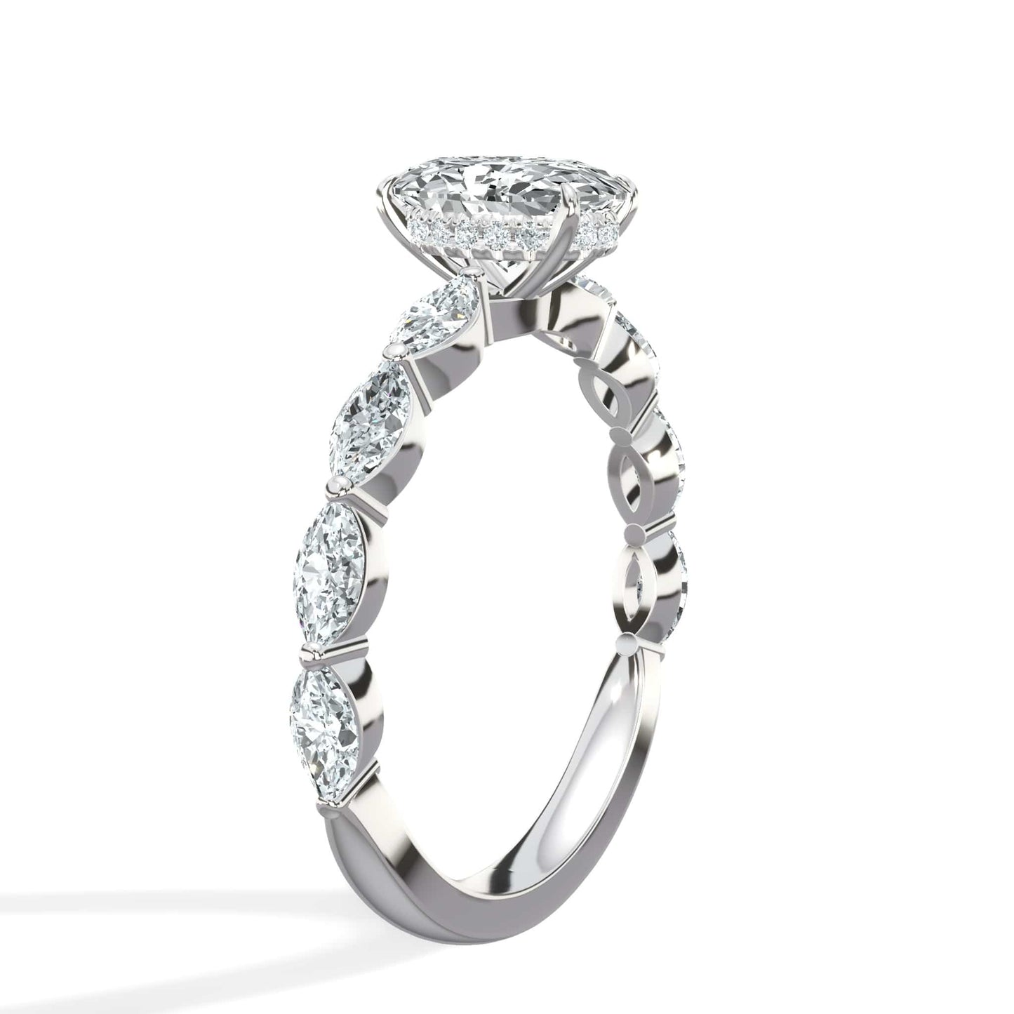 2 Carat Lab Grown Oval Cut with Marquise Side Stones Hidden Halo Diamond Engagement Ring