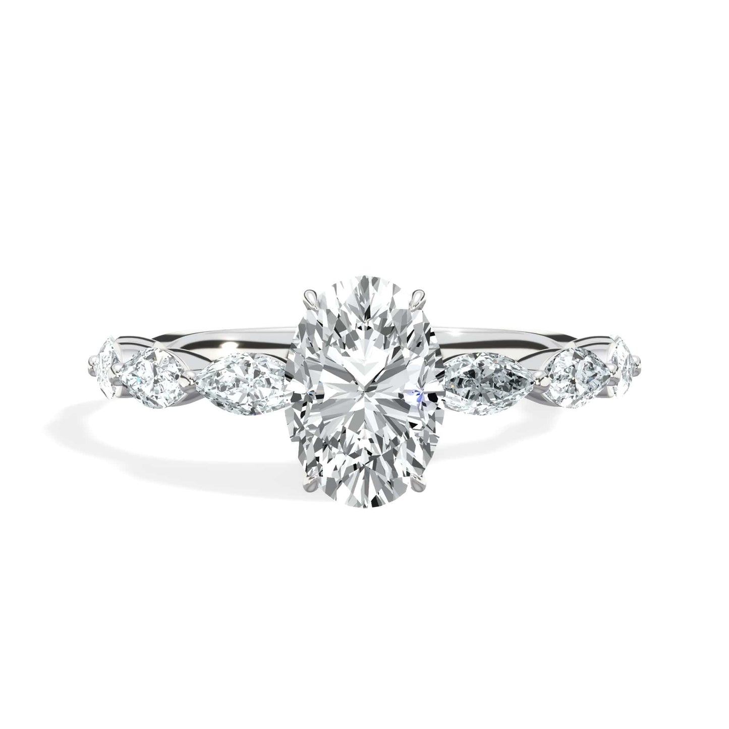 2 Carat Lab Grown Oval Cut with Marquise Side Stones Hidden Halo Diamond Engagement Ring