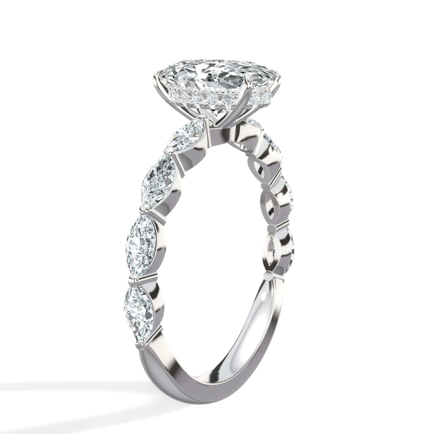 2.50 Carats Lab Grown Oval Cut with Marquise Side Stones Hidden Halo Diamond Engagement Ring