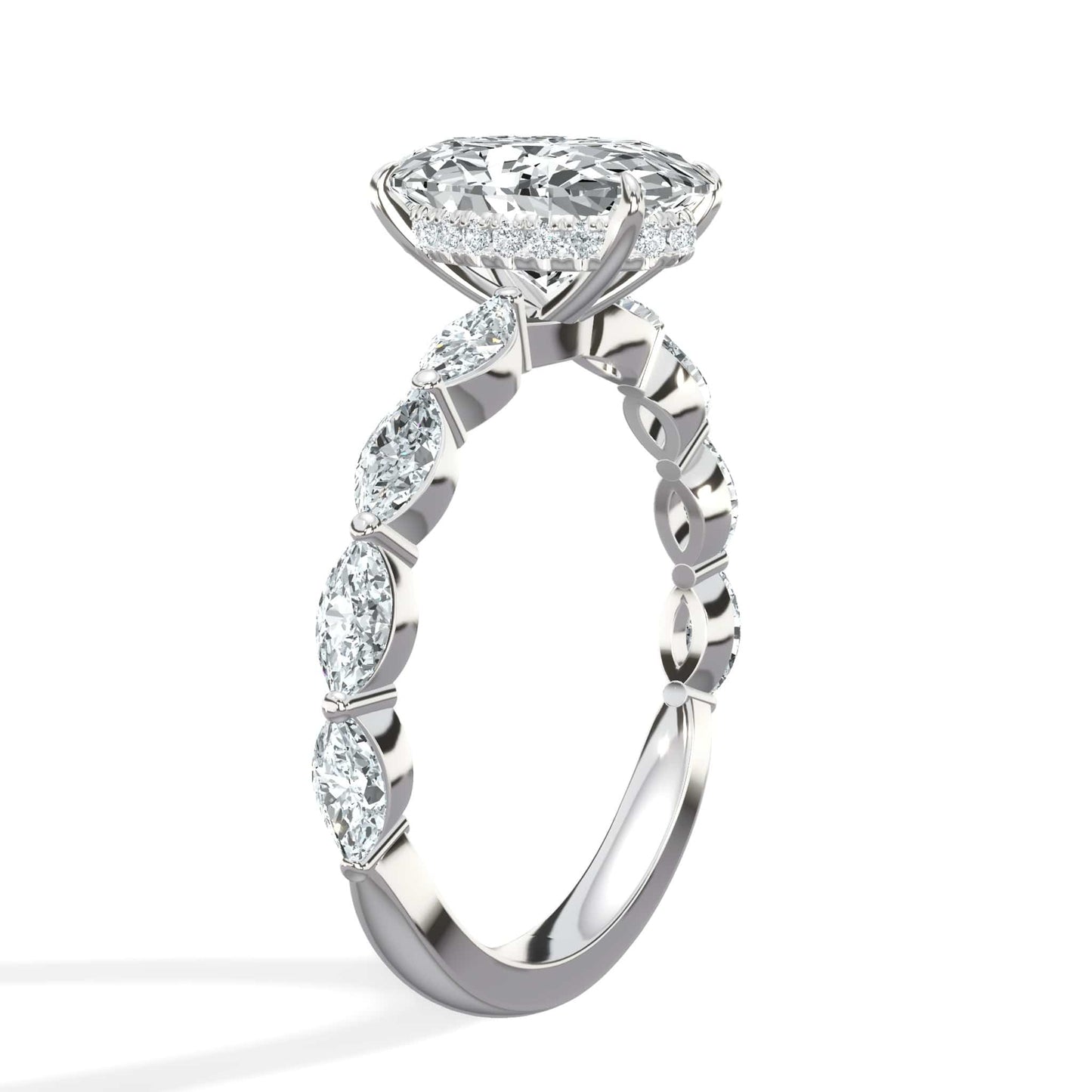 3 Carat Lab Grown Oval Cut with Marquise Side Stones Hidden Halo Diamond Engagement Ring