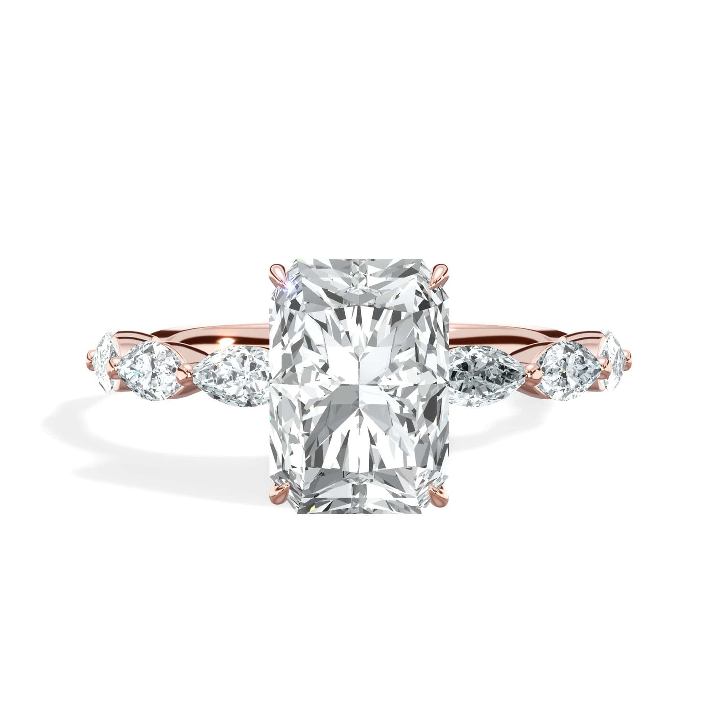 3.00 Carats Lab Grown Radiant Cut with Marquise Side Stones Hidden Halo Diamond Engagement Ring Rose Gold