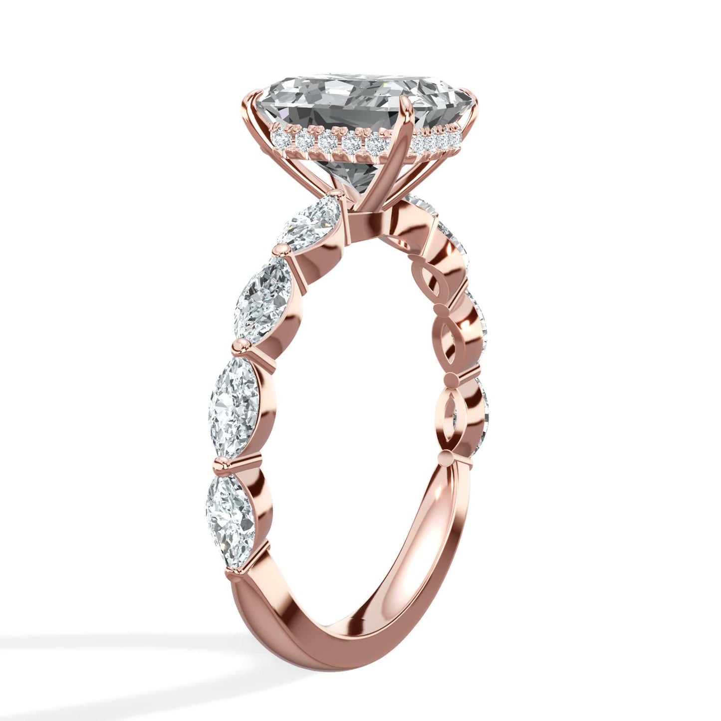 3.00 Carats Lab Grown Radiant Cut with Marquise Side Stones Hidden Halo Diamond Engagement Ring Rose Gold