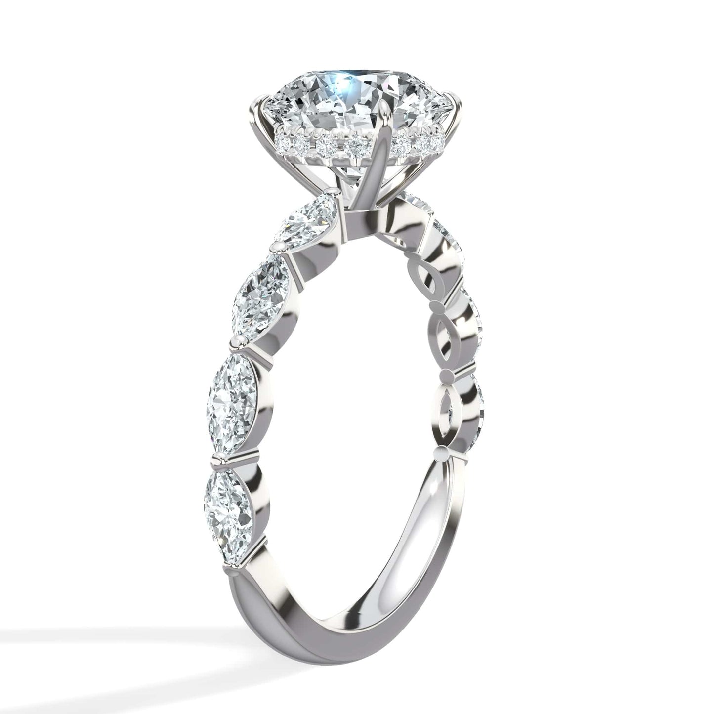 3.00 Carats Lab Grown Round Cut with Marquise Side Stones Hidden Halo Diamond Engagement Ring White Gold