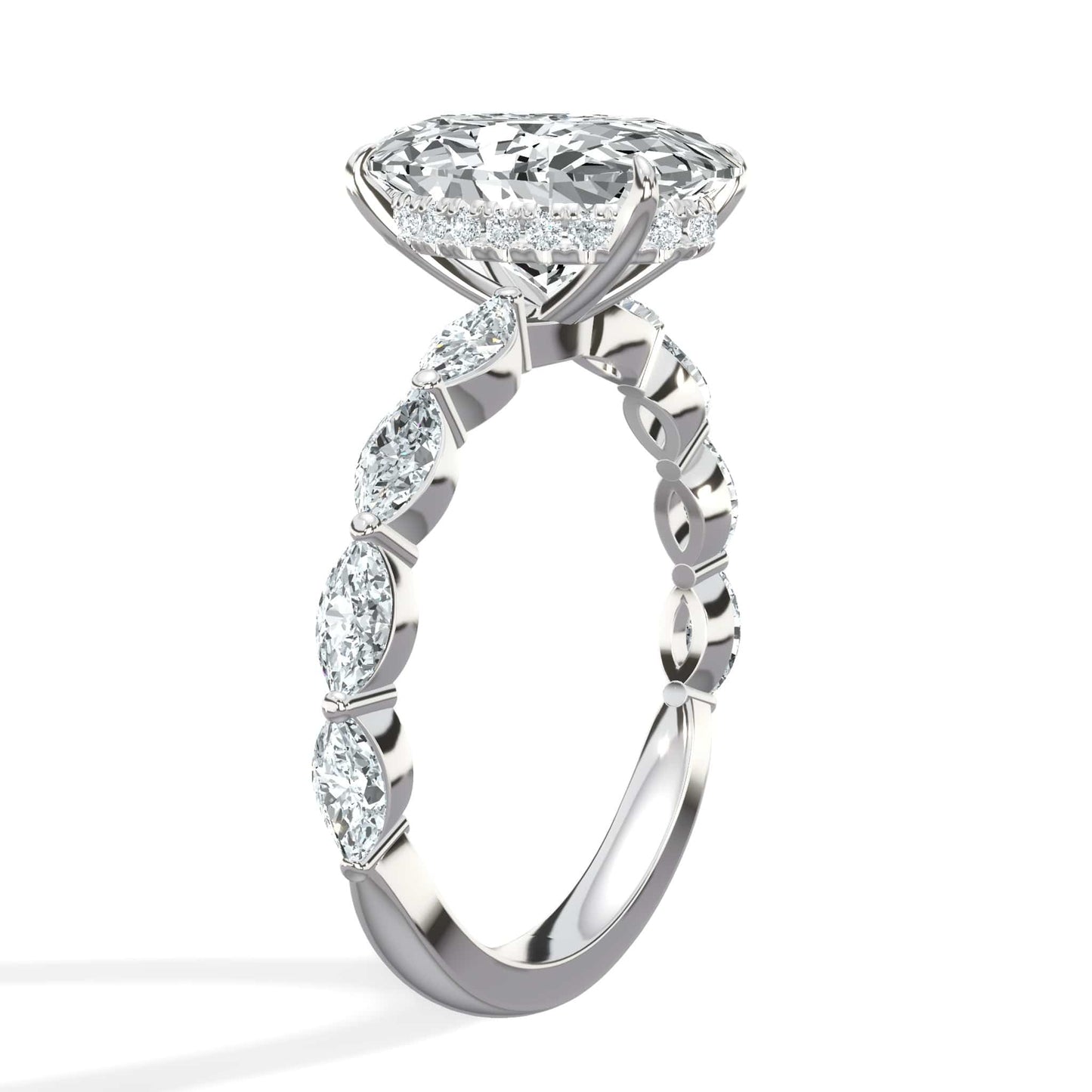 4.00 Carat Lab Grown Oval Shape with Marquise Side Stones Hidden Halo Diamond Engagement Ring