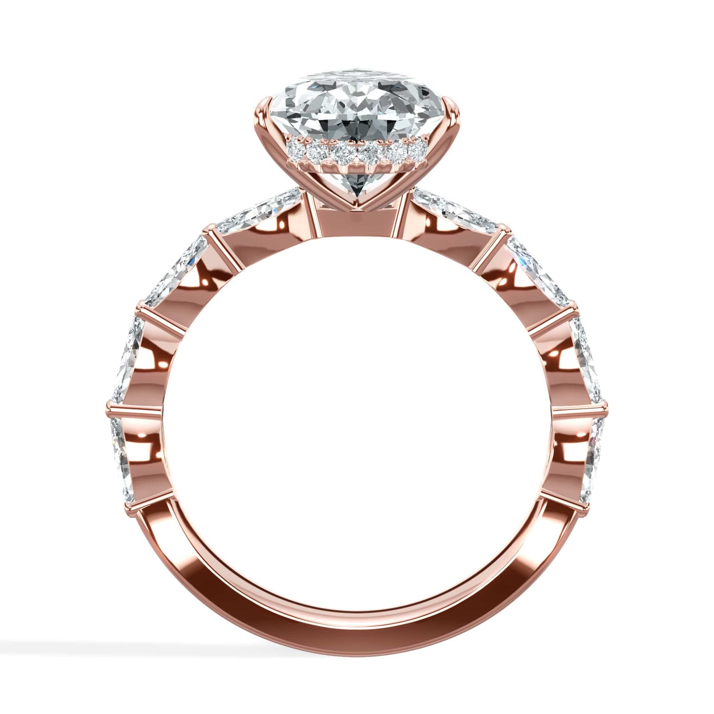 4.08 Carats Lab Grown Pear Shaped with Marquise Side Stones Hidden Halo Diamond Engagement Ring