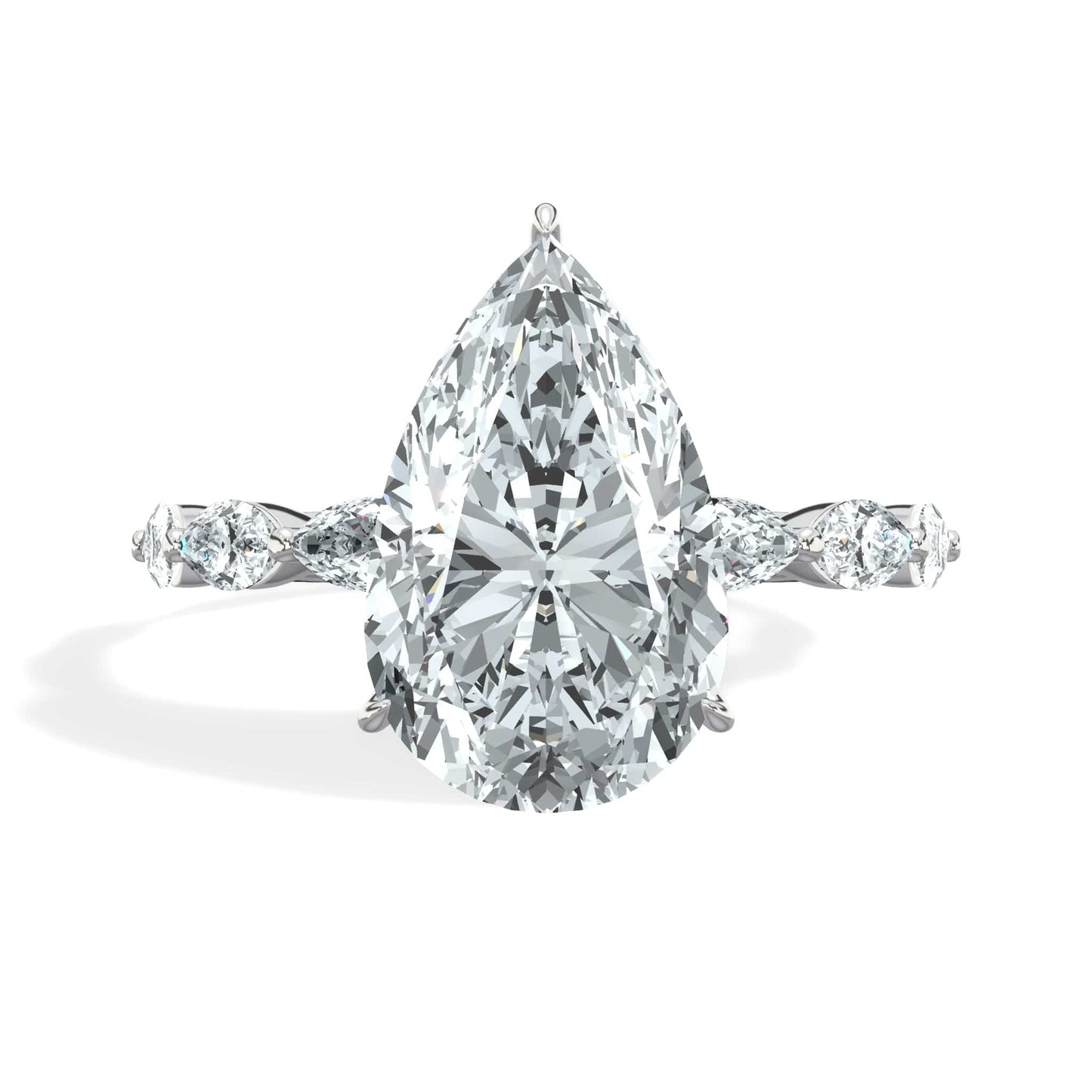 4.00 Carat Lab Grown Pear Shaped with Marquise Side Stones Hidden Halo Diamond Engagement Ring