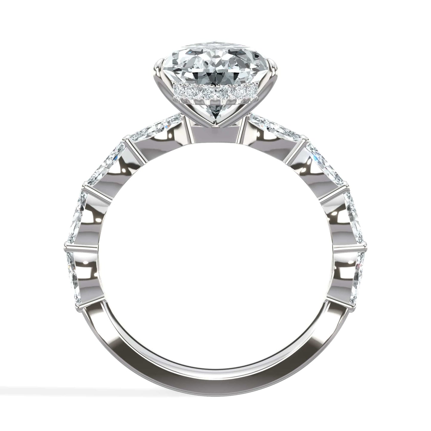 4.00 Carat Lab Grown Pear Shaped with Marquise Side Stones Hidden Halo Diamond Engagement Ring