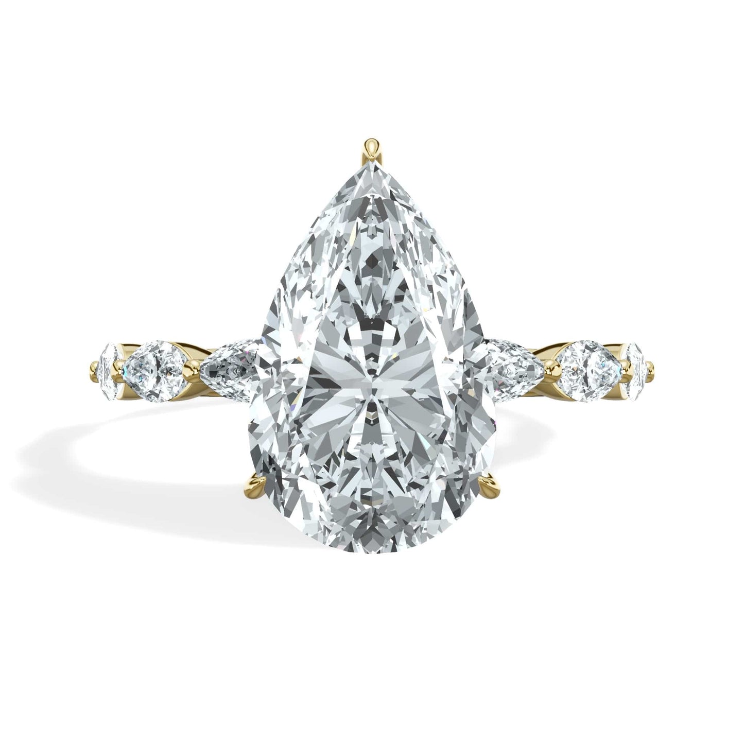 4.00 Carats Lab Grown Pear Shape with Marquise Side Stones Hidden Halo Diamond Engagement Ring Yellow Gold