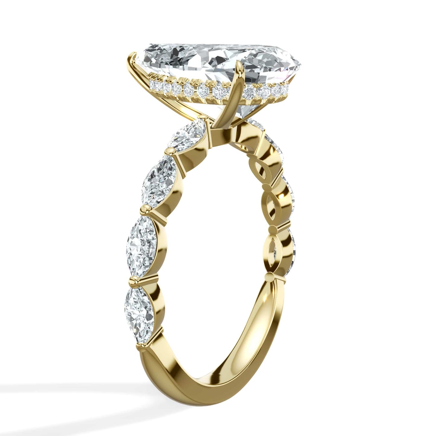 4.00 Carats Lab Grown Pear Shape with Marquise Side Stones Hidden Halo Diamond Engagement Ring Yellow Gold
