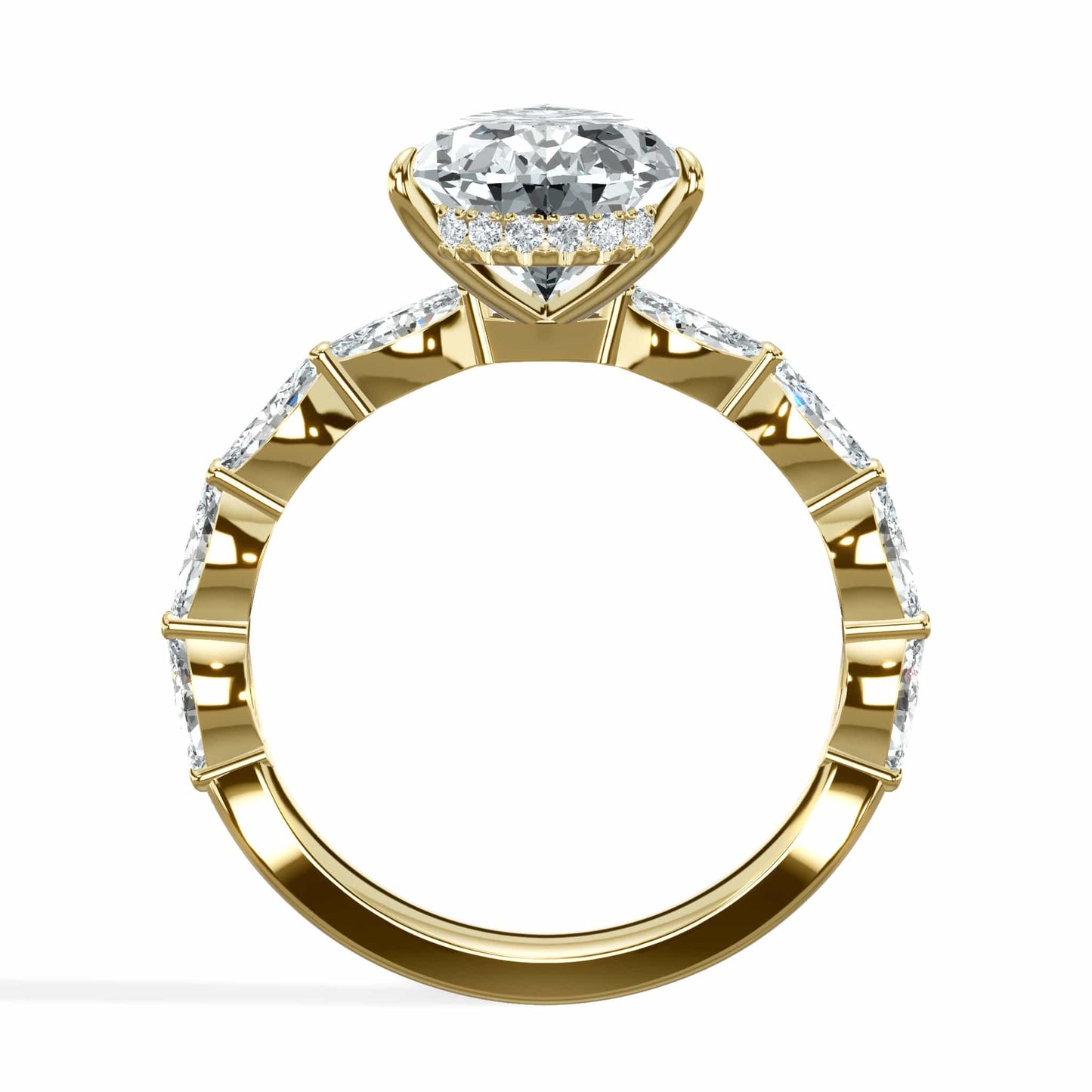 4.00 Carats Lab Grown Pear Shape with Marquise Side Stones Hidden Halo Diamond Engagement Ring Yellow Gold