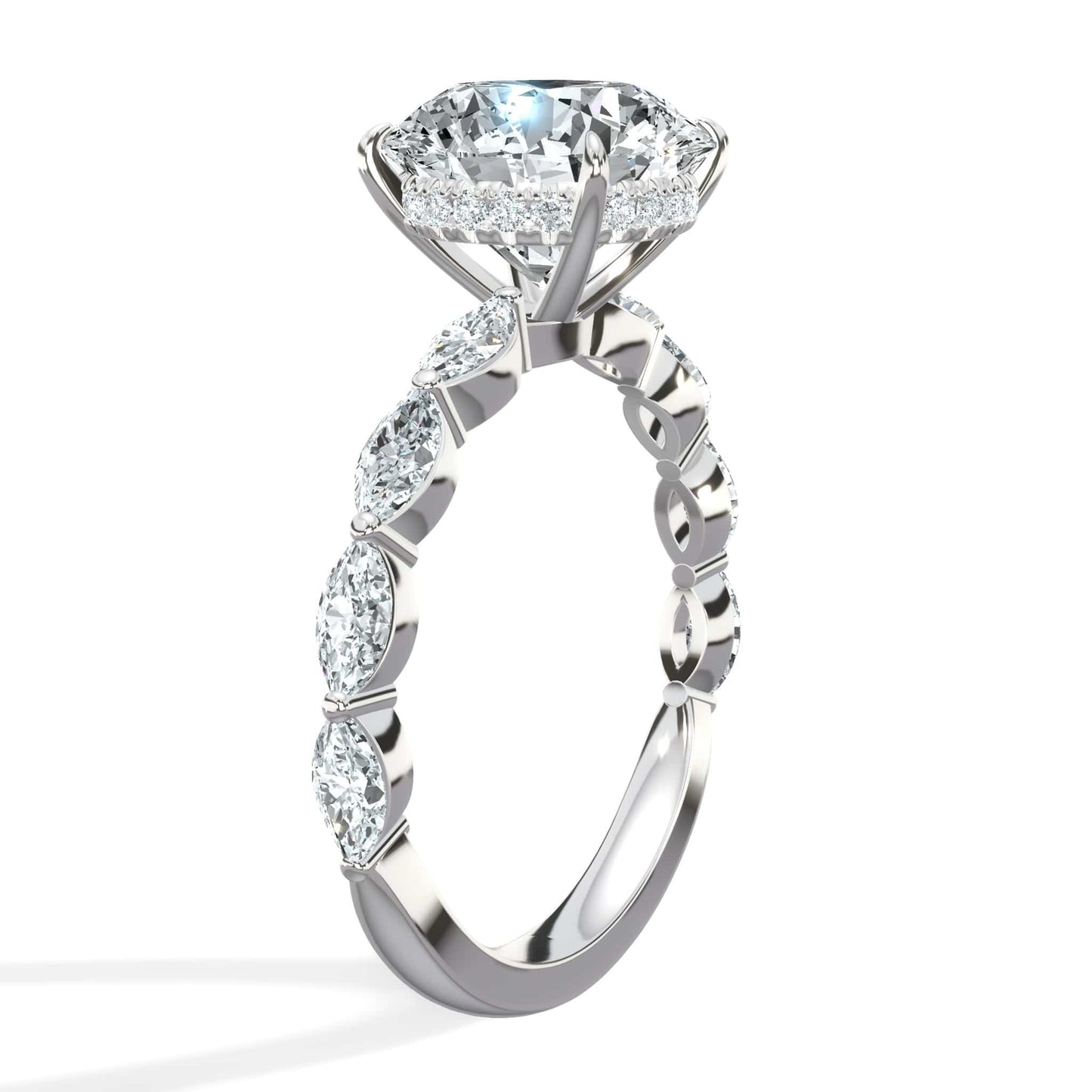 4.00 Carats Lab Grown Round Cut with Marquise Side Stones Hidden Halo Diamond Engagement Ring