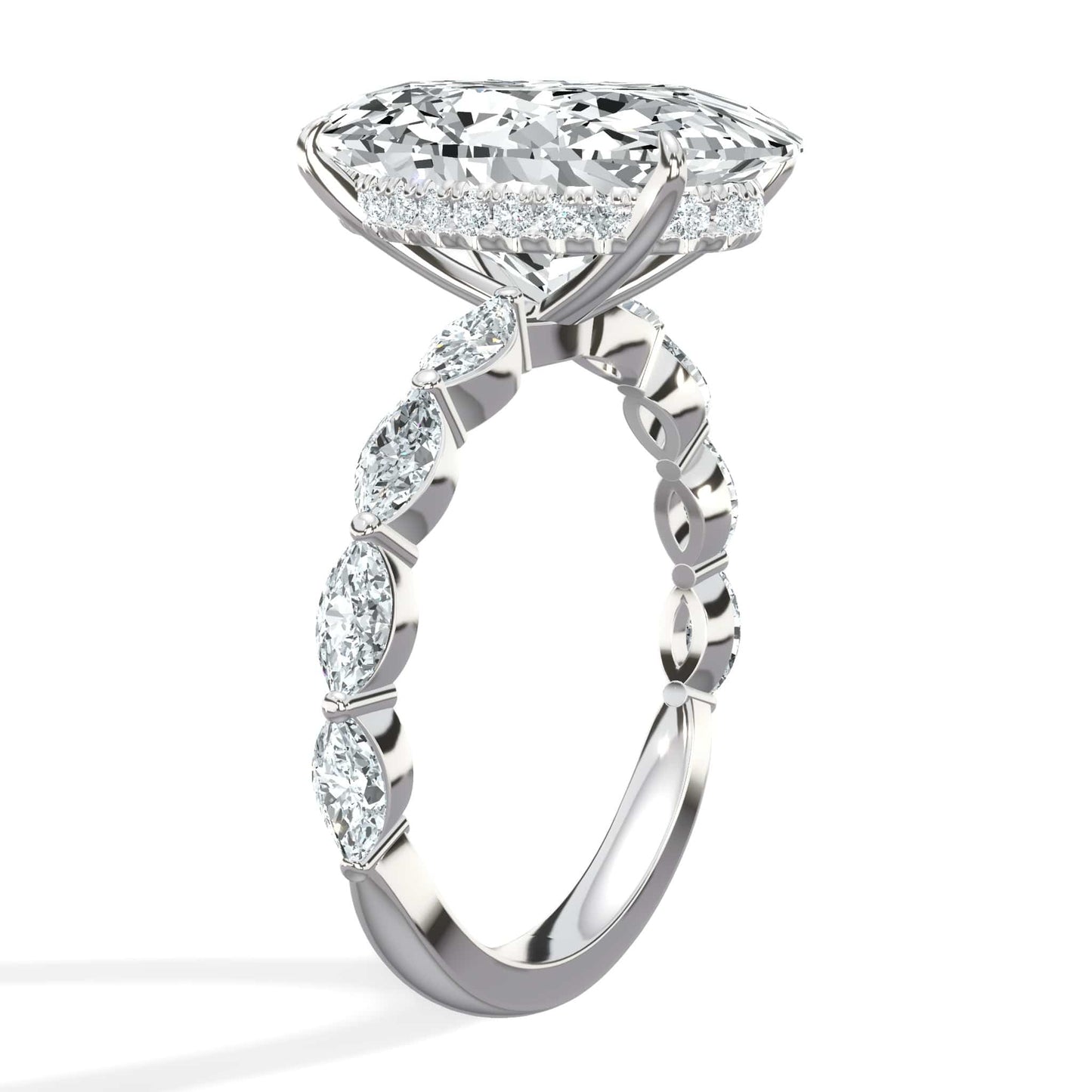 6.00 Carats Lab Grown Oval Cut with Marquise Side Stones Hidden Halo Diamond Engagement Ring